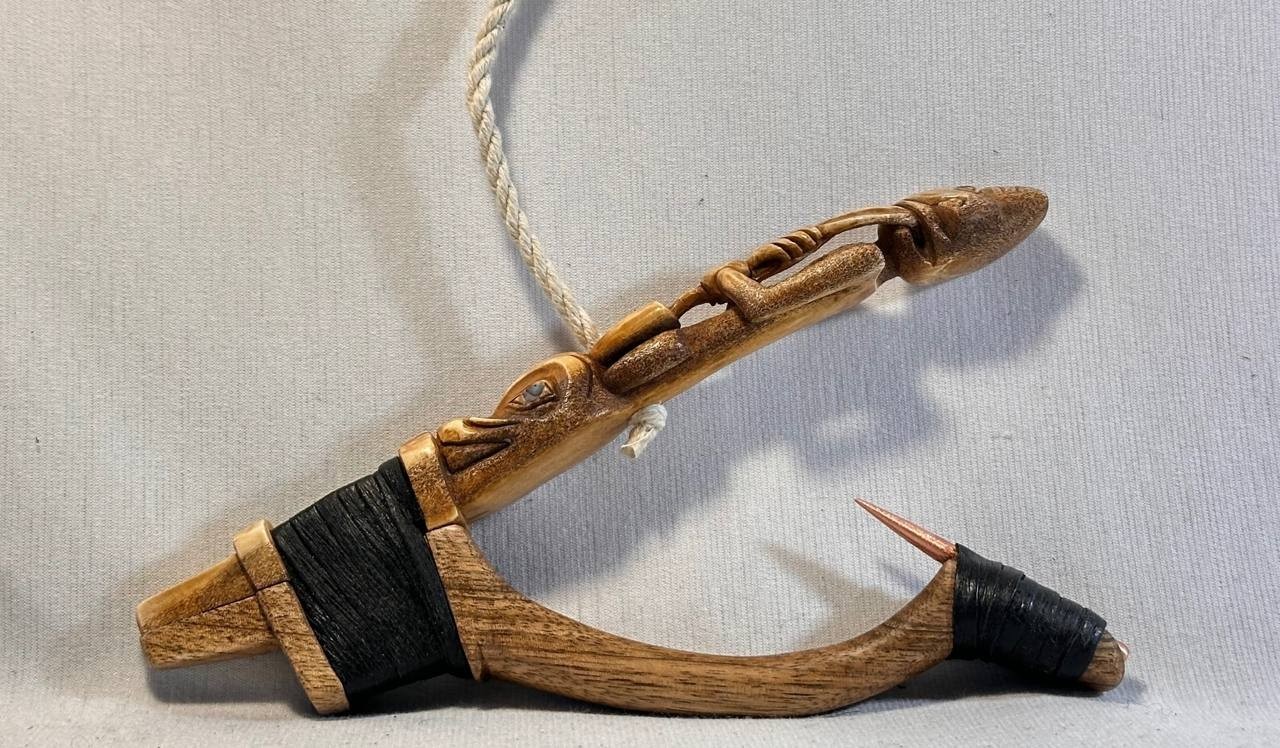 Shaman and Wolf Totem Halibut Hook, Shell Inlay, Northwest Coast Design