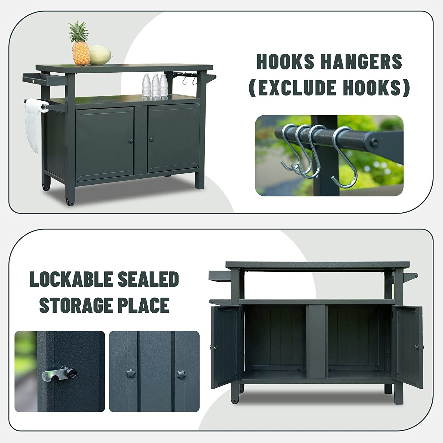 Domi Outdoor Grill Carts w/Wheels,Metal Table and Storage Cabinet for BBQ(Gray)