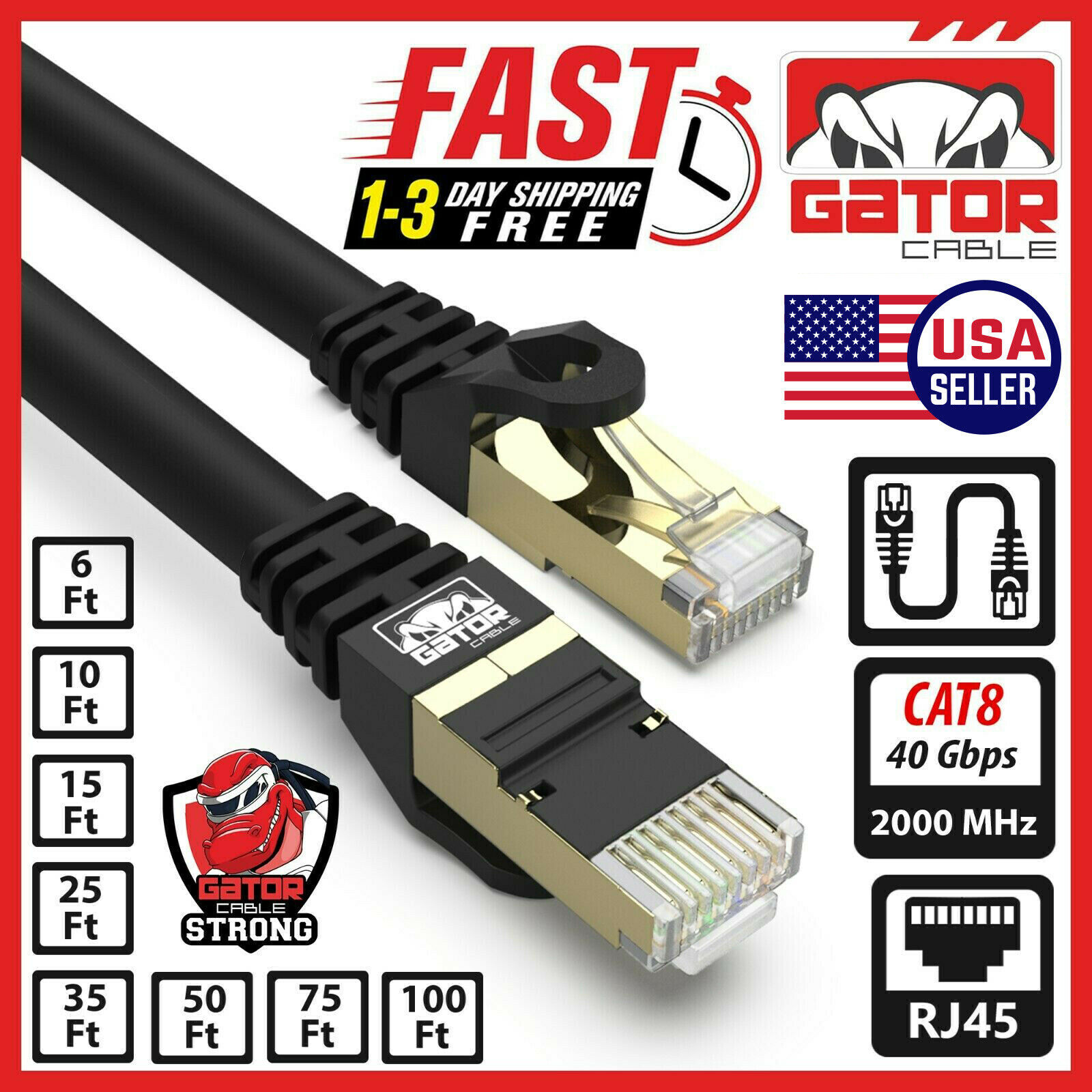 Cat 8 Ethernet Cable RJ45 Super Speed 40Gbps Patch LAN Network Gold Plated Lot
