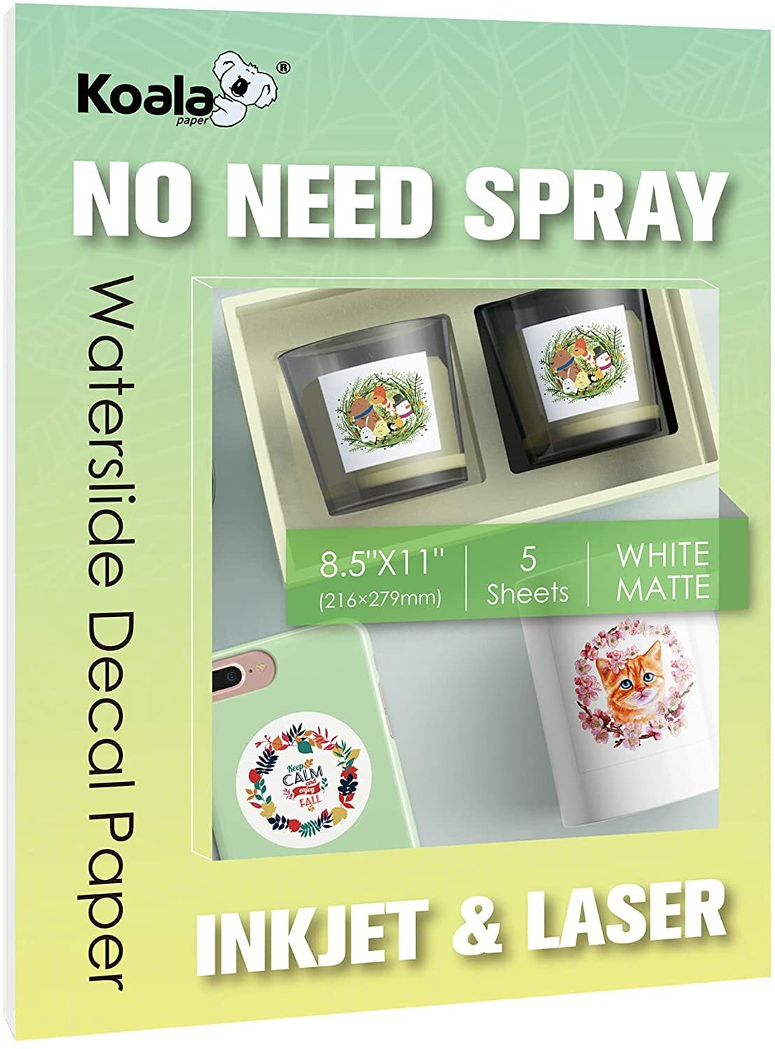 NO NEED SPRAY Koala Waterslide Decal Paper Matte White for INKJET + LASER 8.5x11