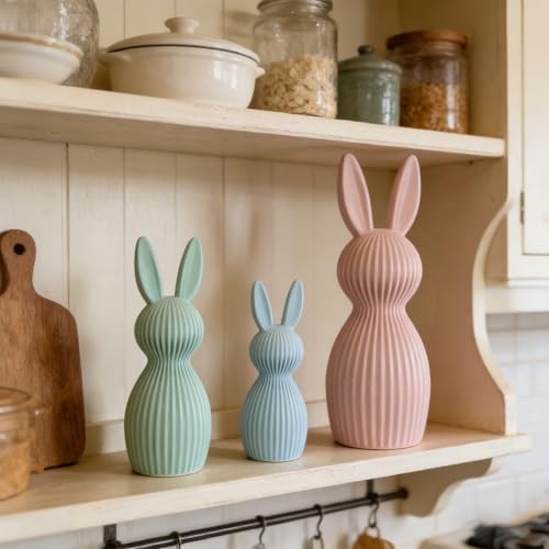 Pack Pastel Easter Bunny Figurines, Resin Rabbit Statues, Minimalist 3
