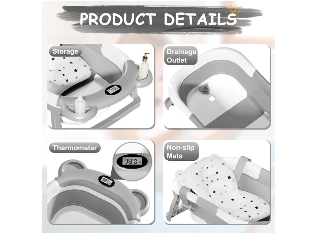 Foldable Portable Baby Bathtub With Thermometer 0-36 Months Grey New
