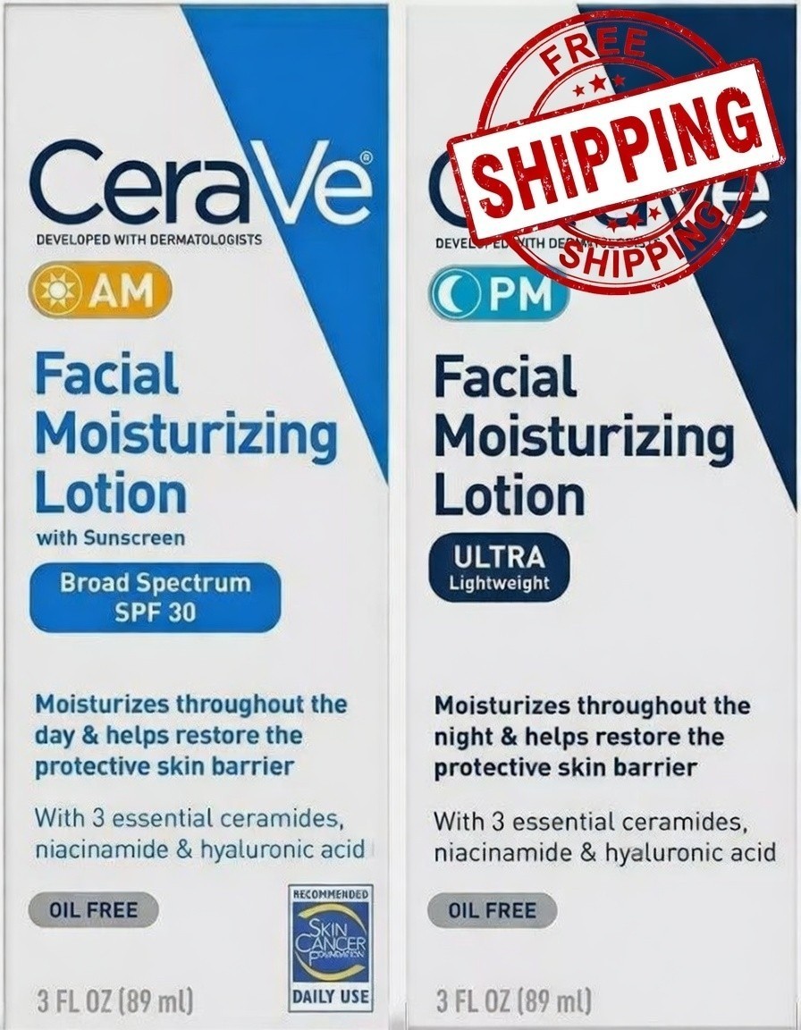 CeraVe AM/PM Facial Moisturizing Lotion Skin Care Set Ultra Lightweight 3oz New