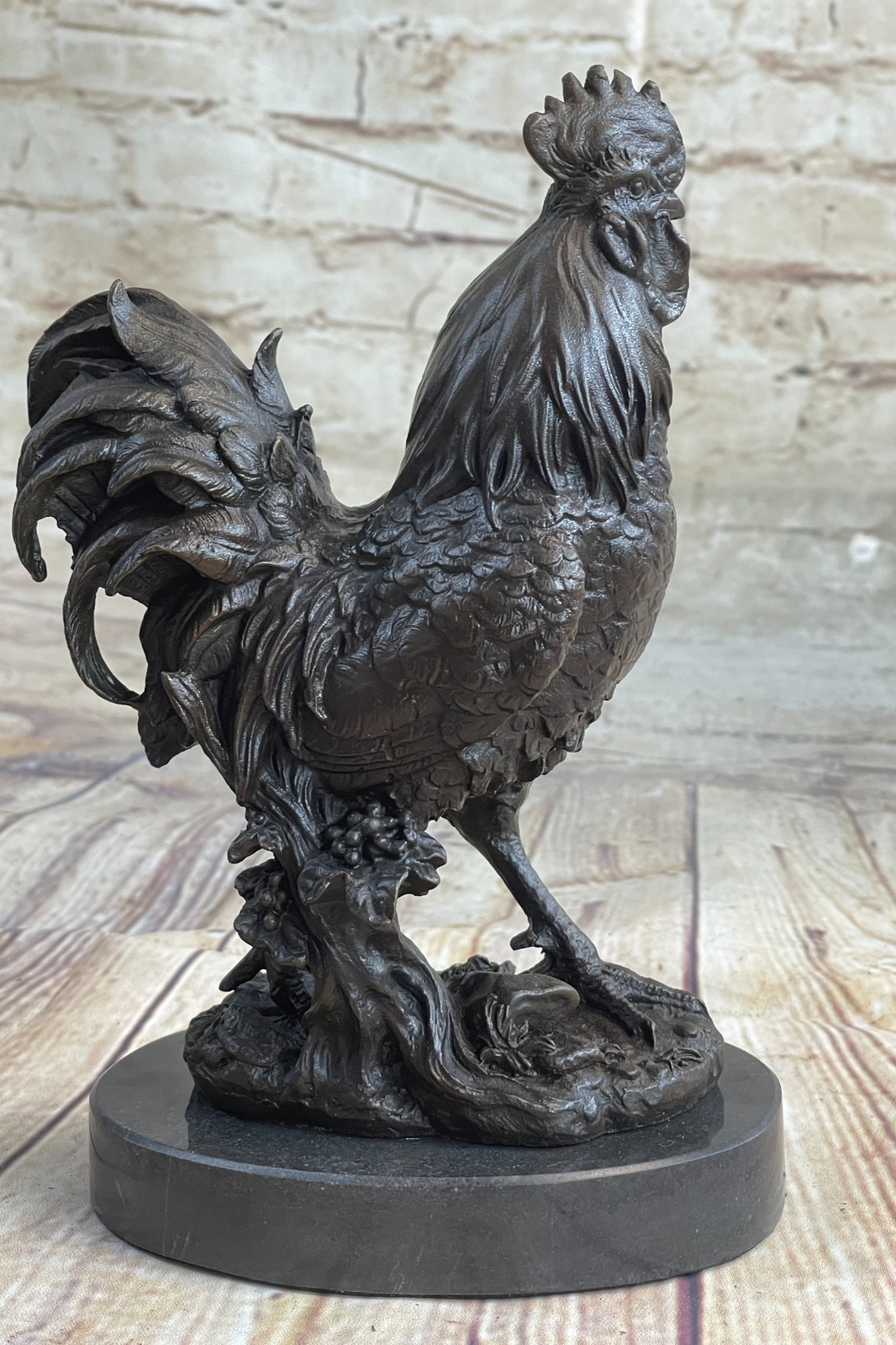 Chicken Rooster Farm Animal Bronze Statue Sculpture Figure Decor on Marble Base
