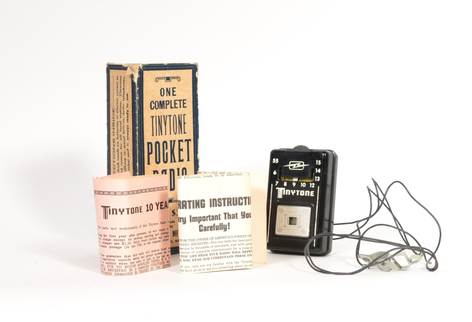 Vintage TinyTone Pocket Crystal Radio In Box w/LOTS of Original Paper * Works