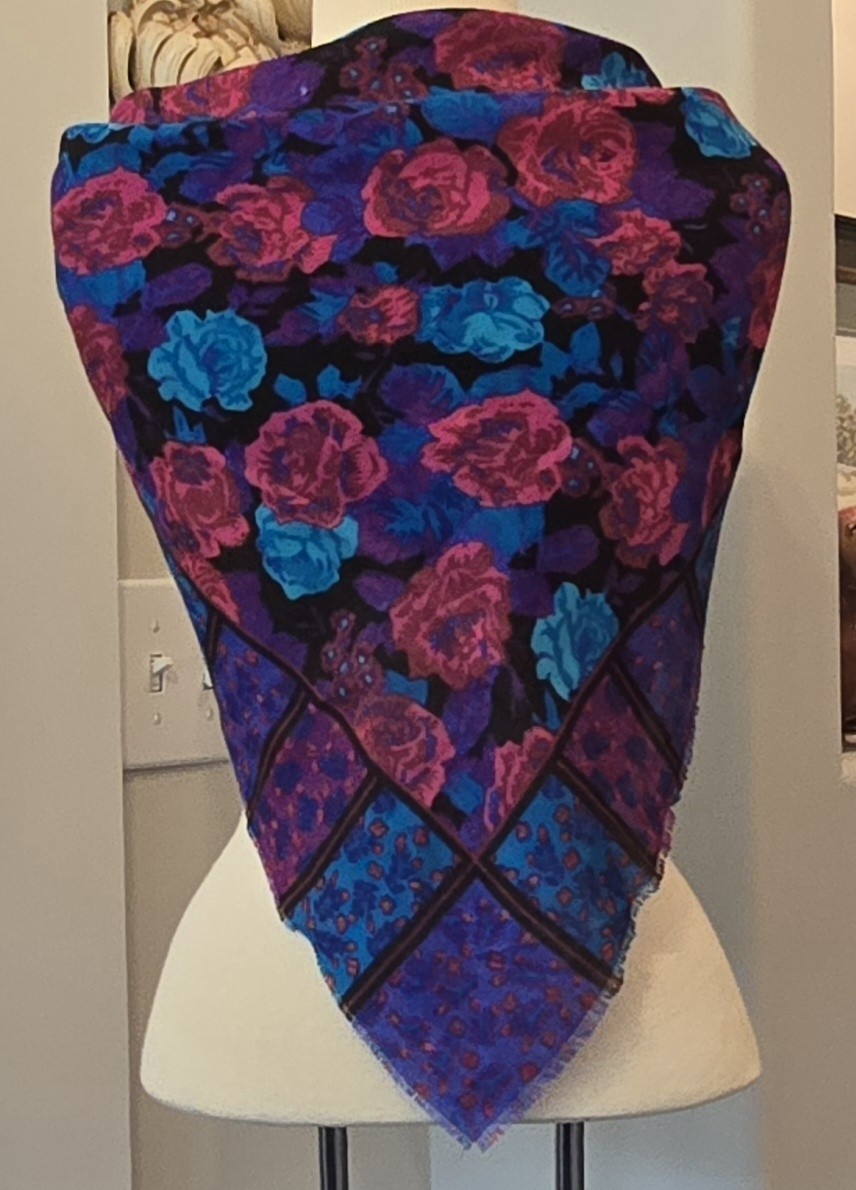 Vintage Glentex Japan Square Scarf Floral Stripes Blue Purple Pink 30x31 Inches