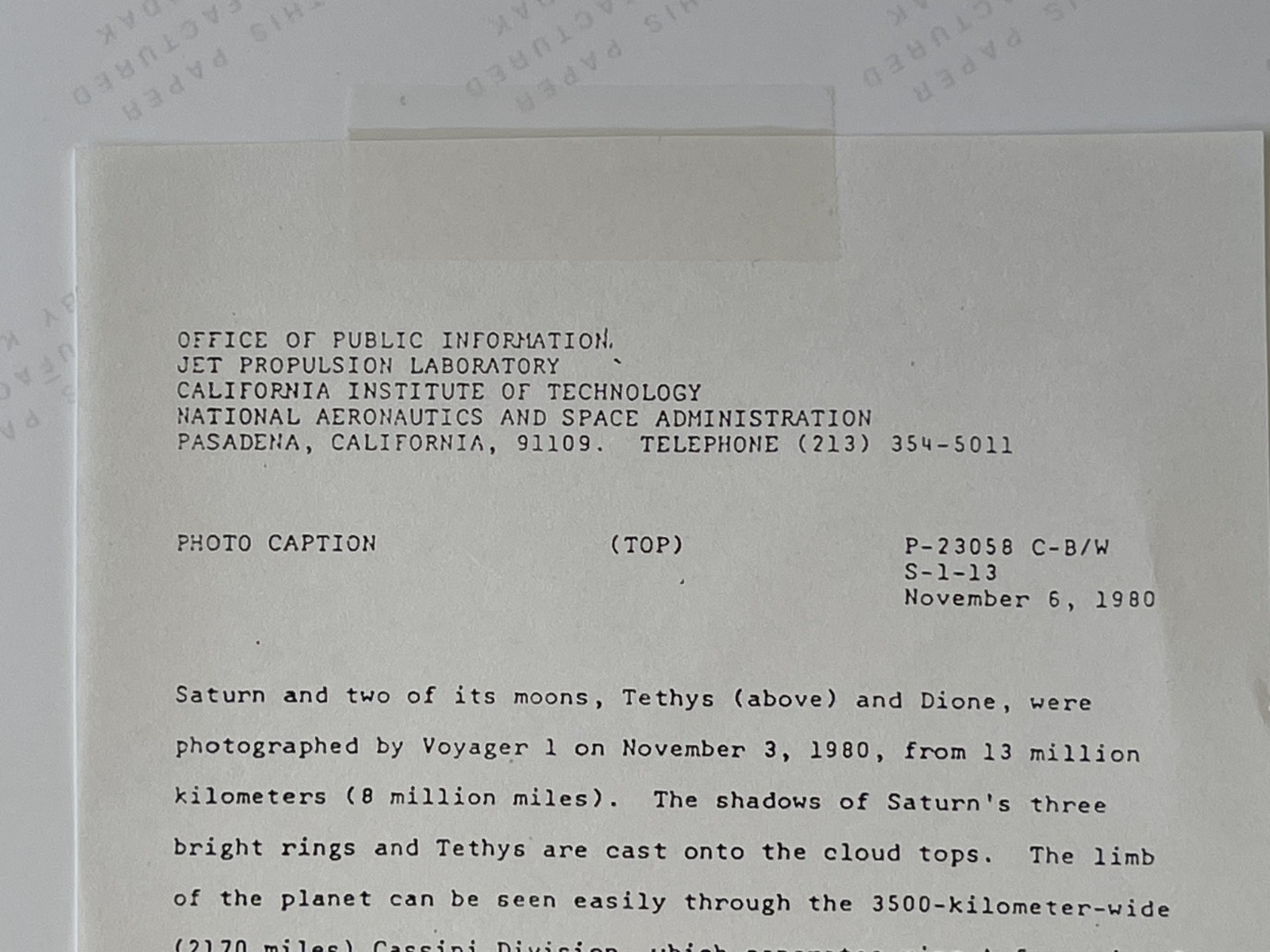 VINTAGE SPACE NASA PHOTO SATURN VOYAGER JPL KODAK PAPER