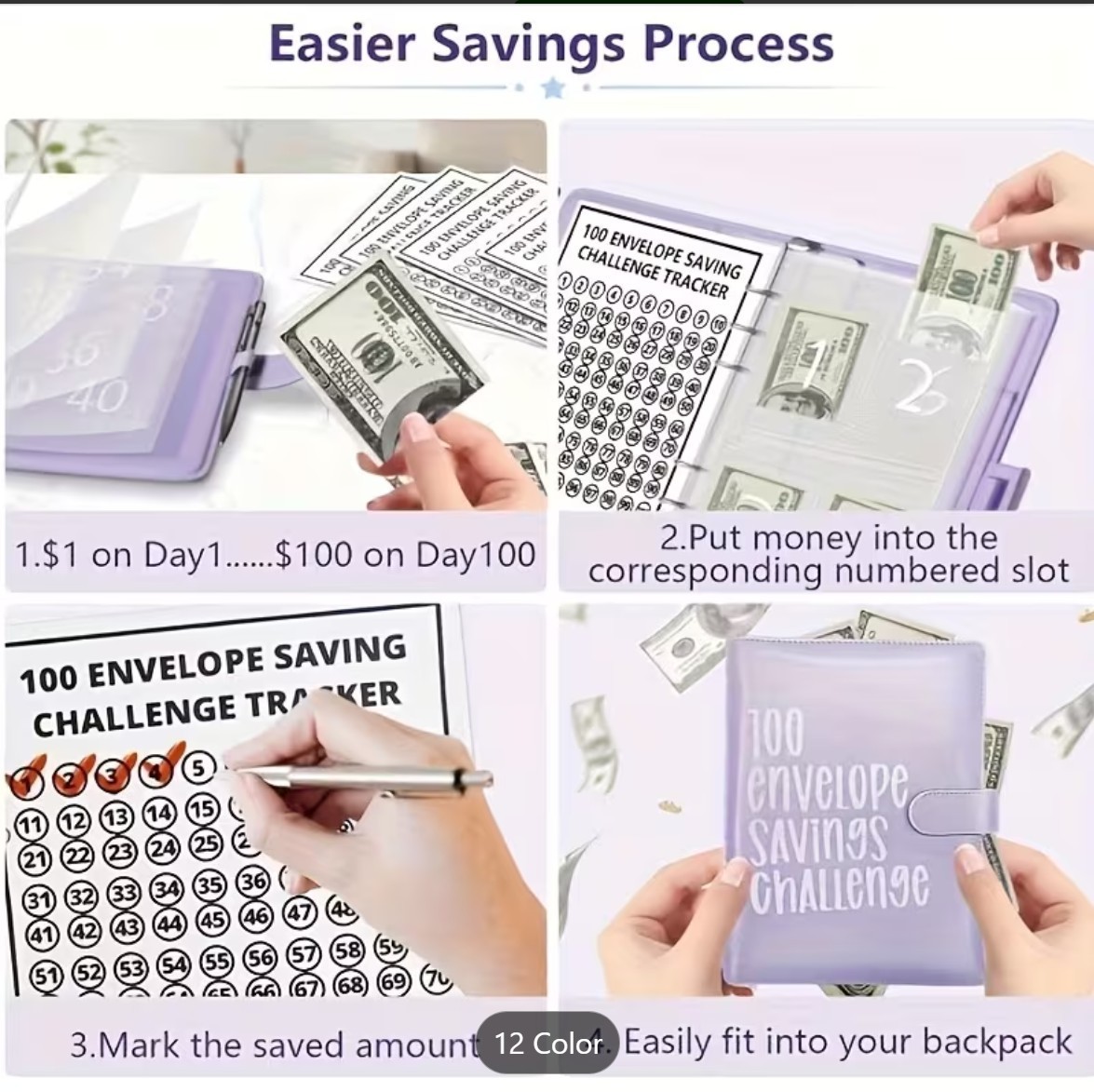 Random color- 100 Envelope Savings Challenge Book with Envelopes, Budget Planner