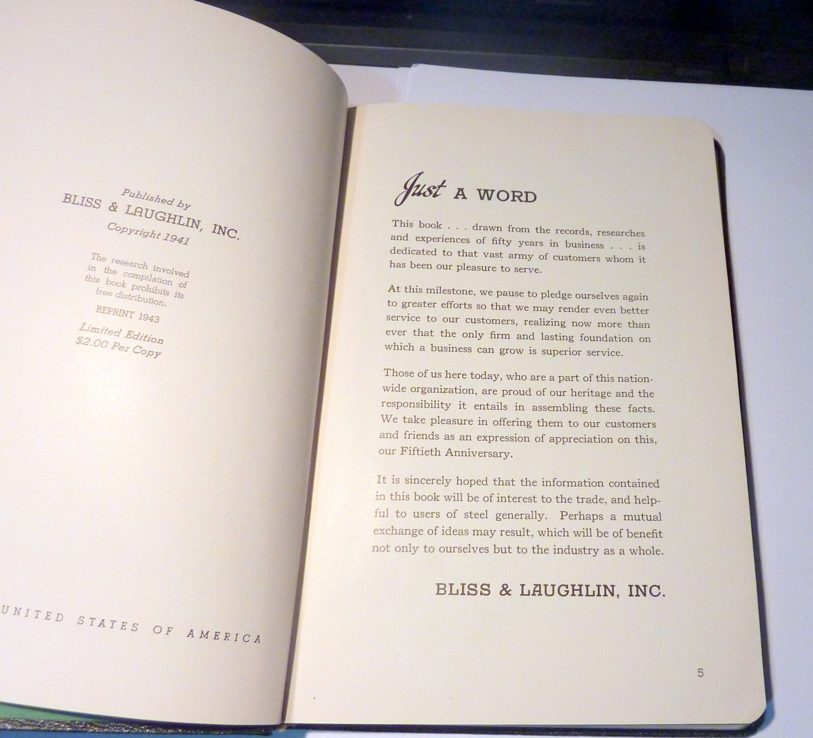 1941 BLISS LAUGHLIN INC COLD FINISHED BAR STEELS 50 YEARS BOOK STEEL US HISTORY