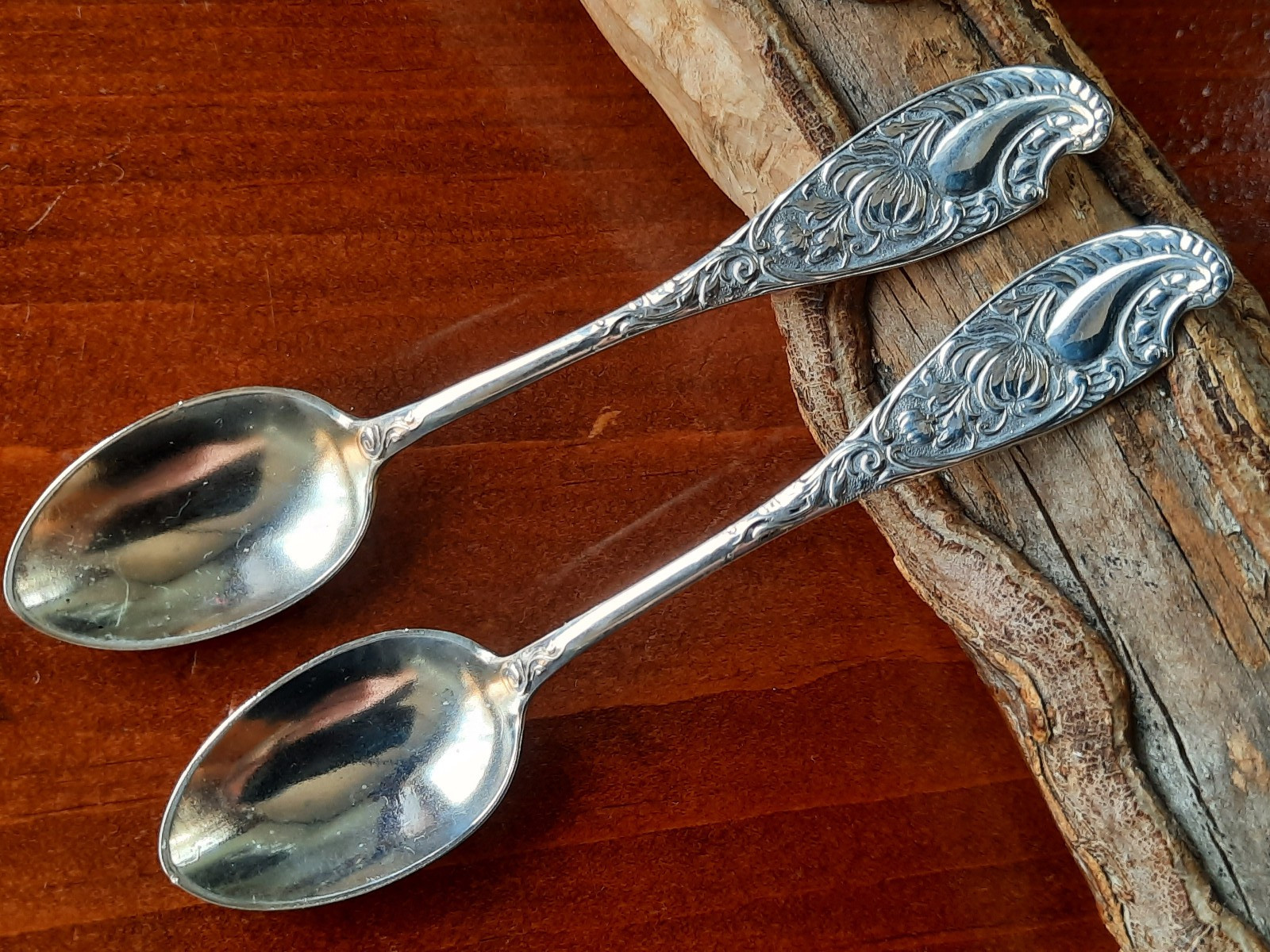 Pair Sterling Wood & Hughes Unknown Chrysanthemum Pattern Demitasse, No Mono