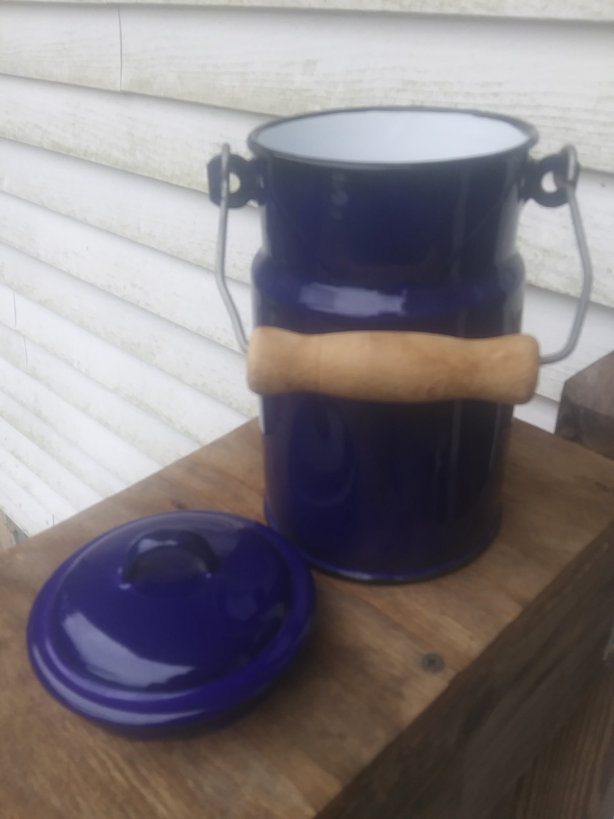 Vintage Blue Enamel White Inside Milk Pail w/Lid Wooden Handle Made in Holland