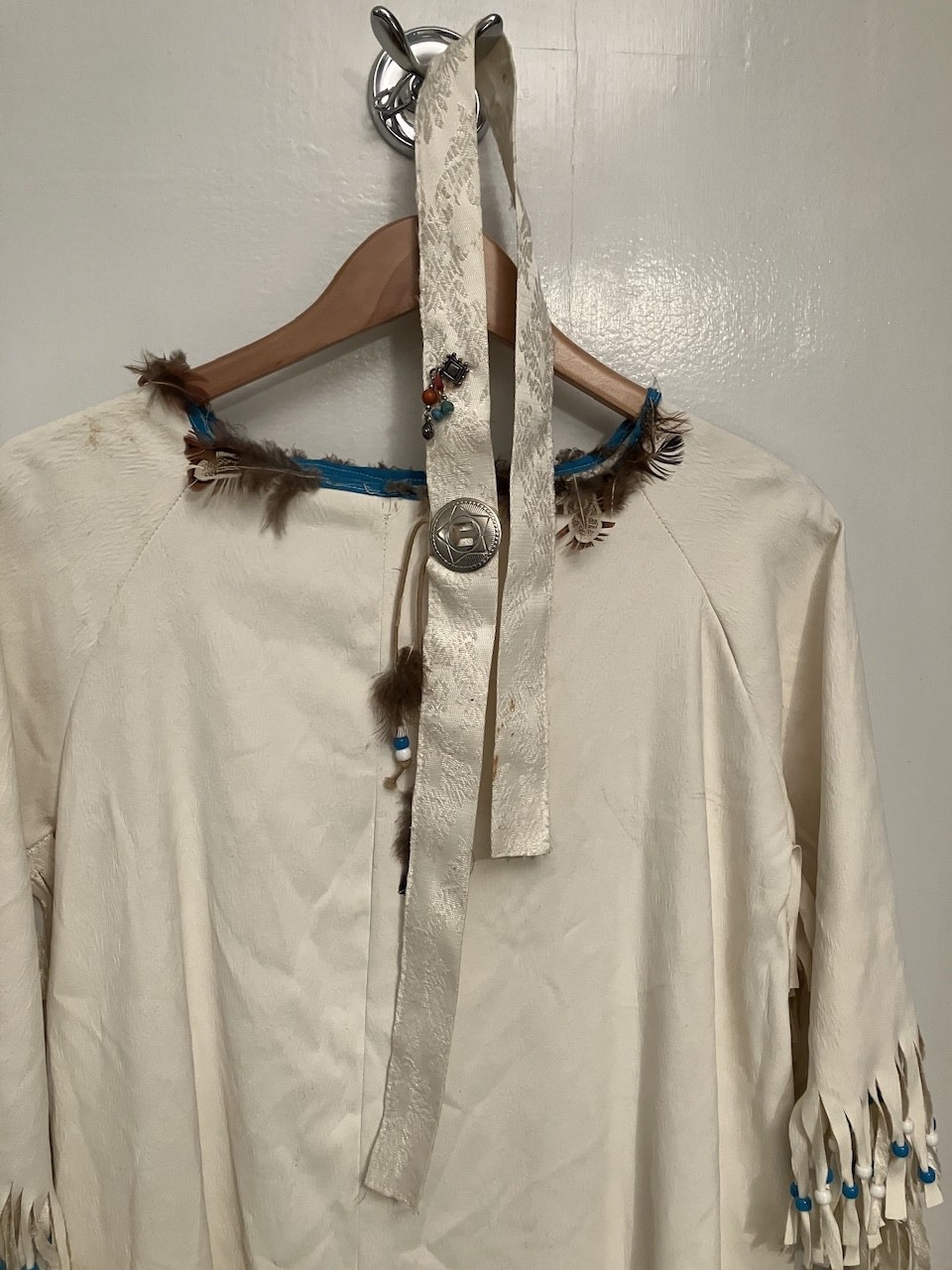 vintage white leather fringe Native American indian dress conchos turquoise bead