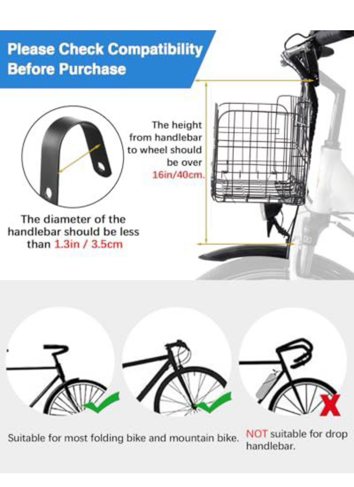 Bike Basket Front Folding Bicycle Basket with Removable Liner Bag, Quick Release