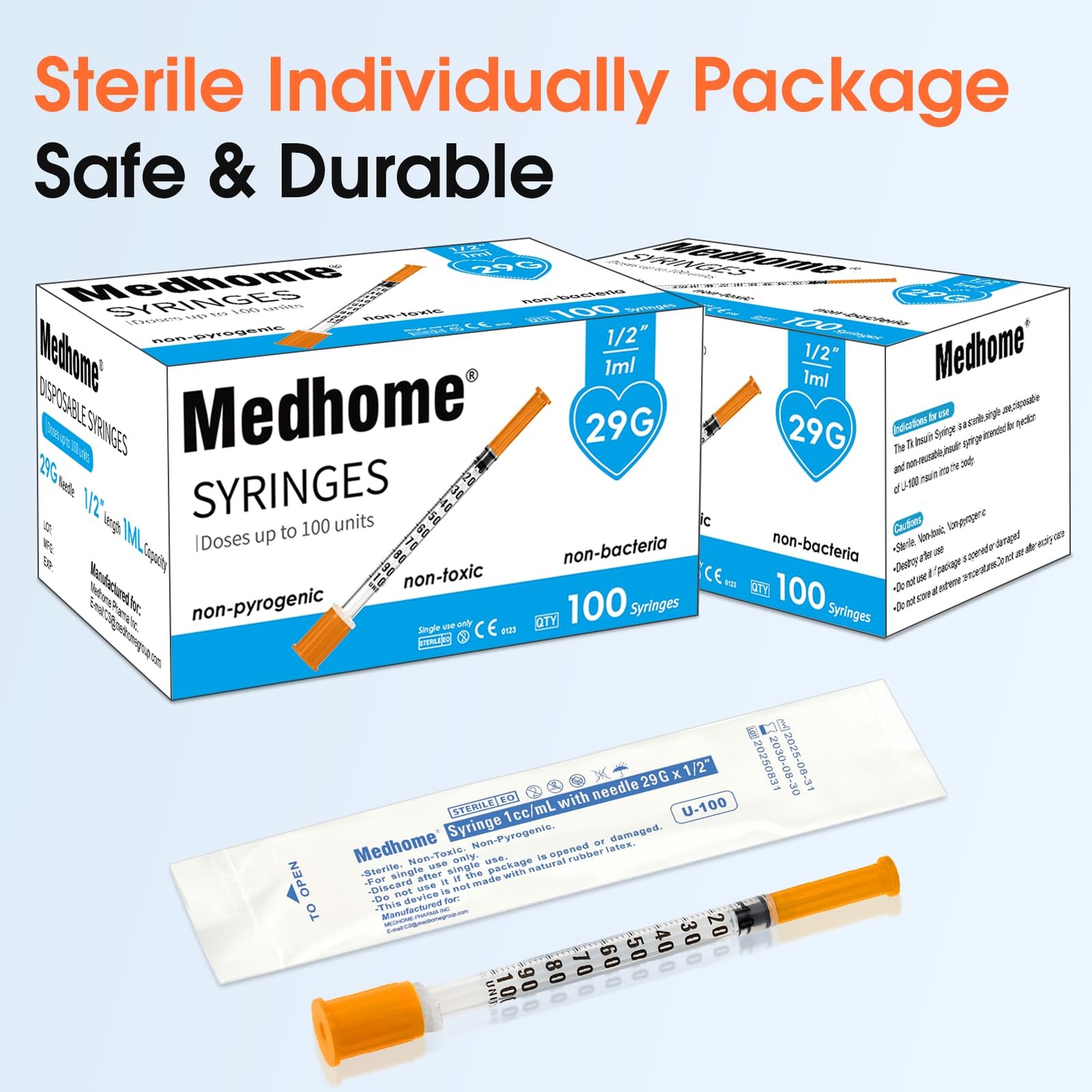 1ml 29G 1/2 Inch Syringe, Lab Syringes Individually Wrapped, Pack of 100