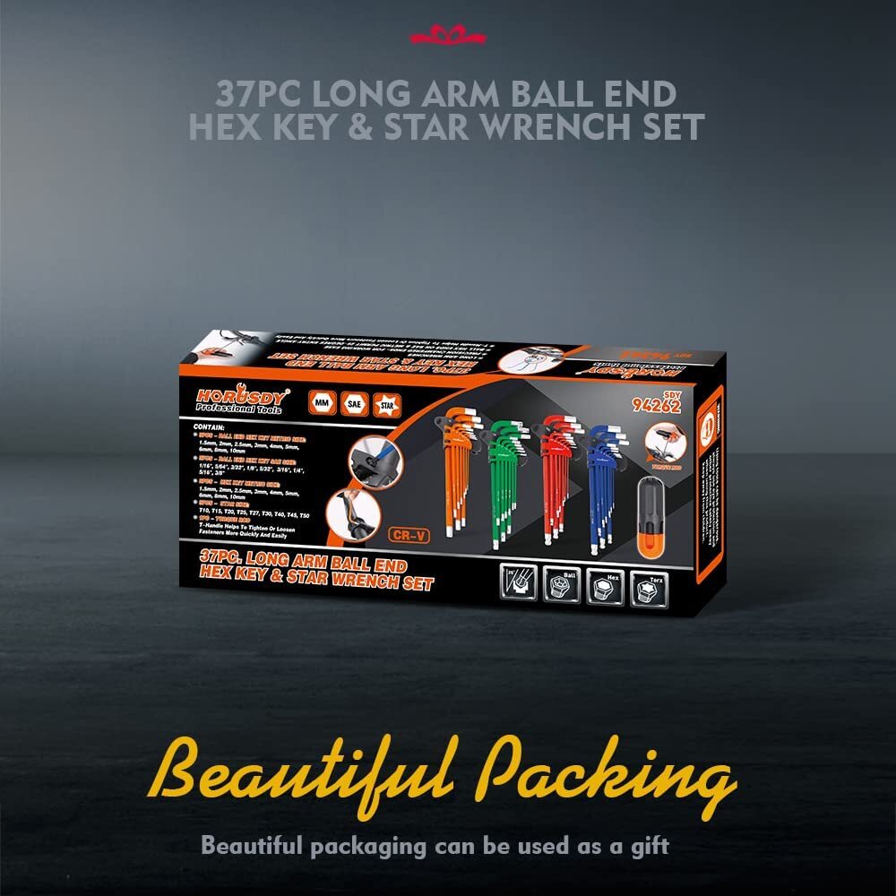 36pc Hex Key Allen Wrench Set Ball End SAE Metric Star Long Arm Industrial Grade