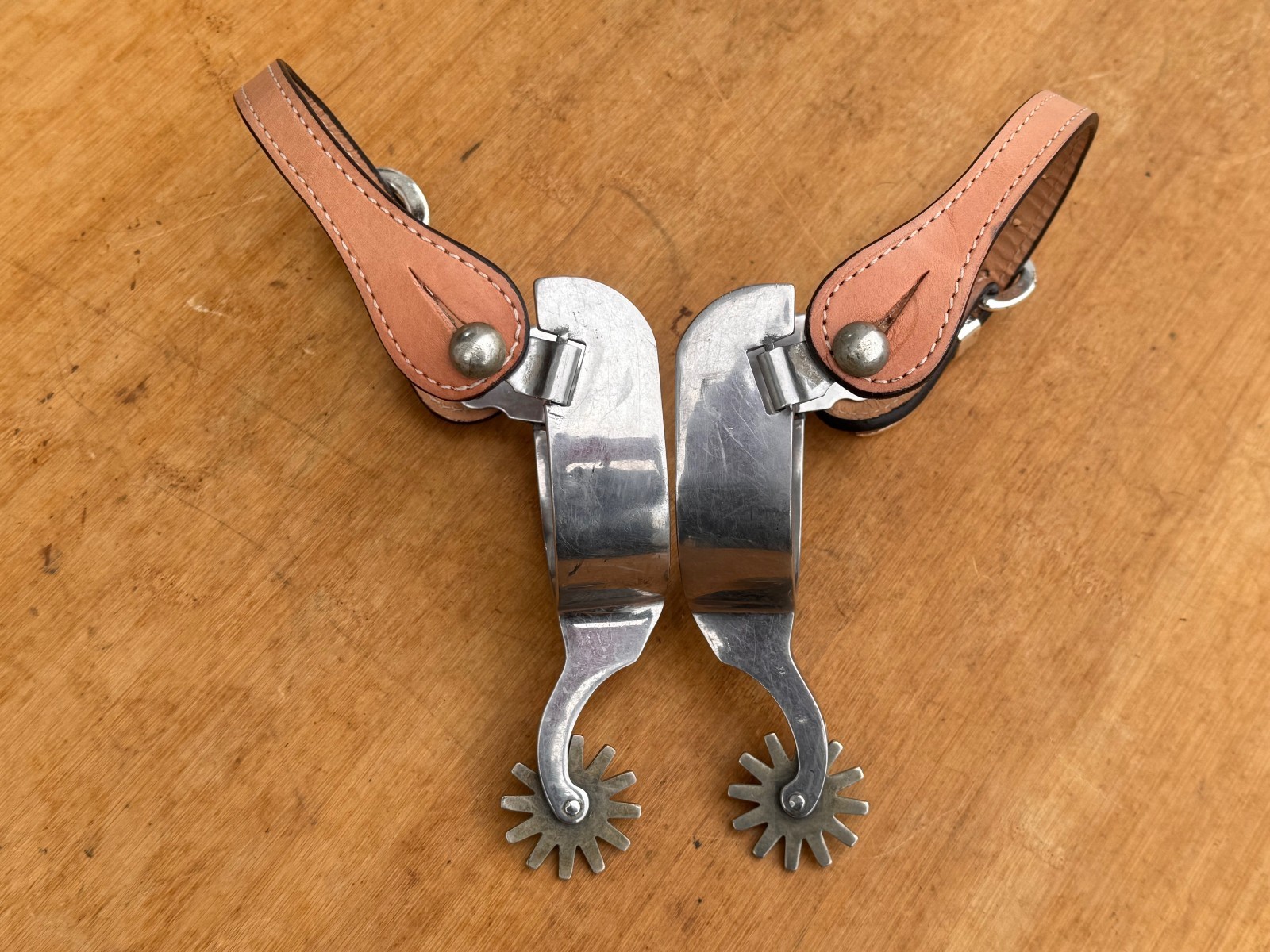 Stainless Steel Silver Mounted Western Show Spurs w Light Oil Straps