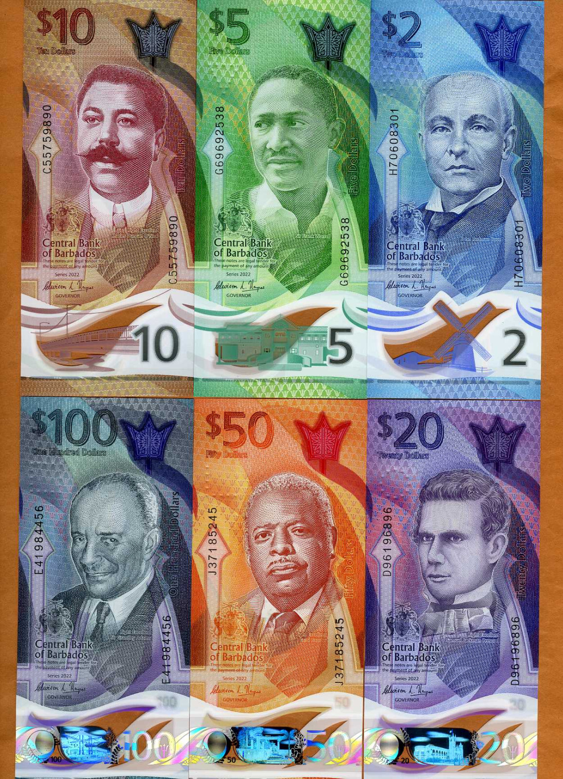 SET Barbados, $2-5-10-20-50-100, 2022-2024 P-New, Polymer, UNC New Design