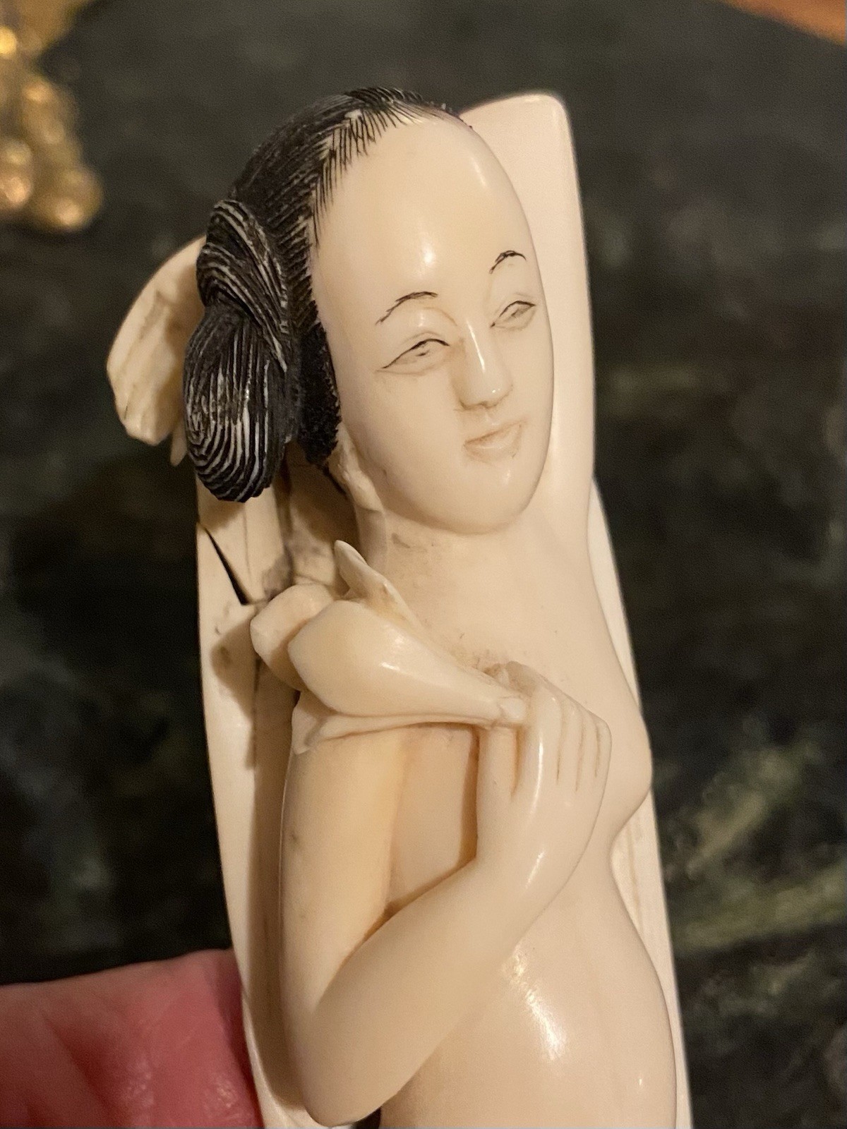 Antique Chinese carved Woman Diagnostic Doctor Doll. Holding Lotus Repaired.