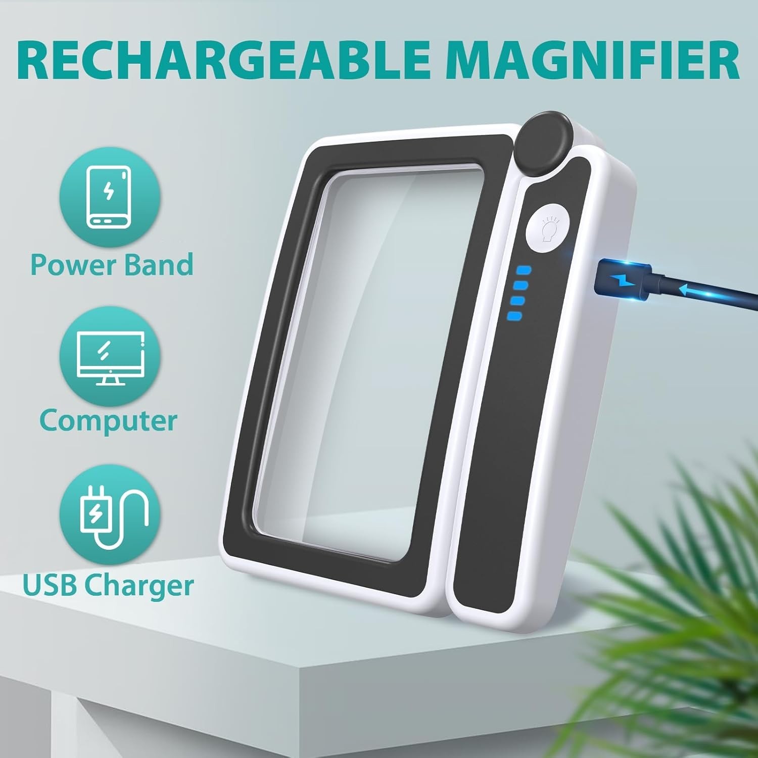 5X Magnifying Glass W/Light Rechargeable LED Handheld Reading Low Vision Seniors