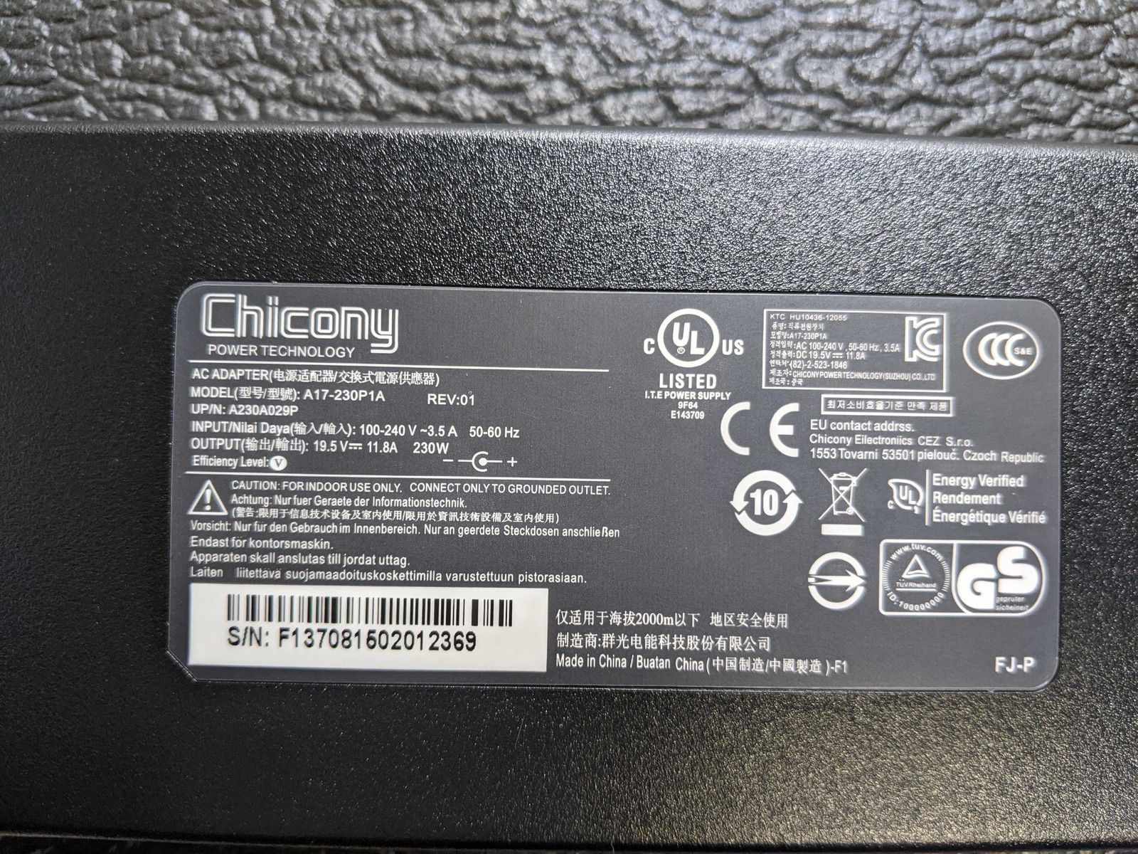NEW Chicony AC Adapter A17-230P1A 19.5V DC 11.8A 230W MSI Clevo Gigabyte 5.5mm