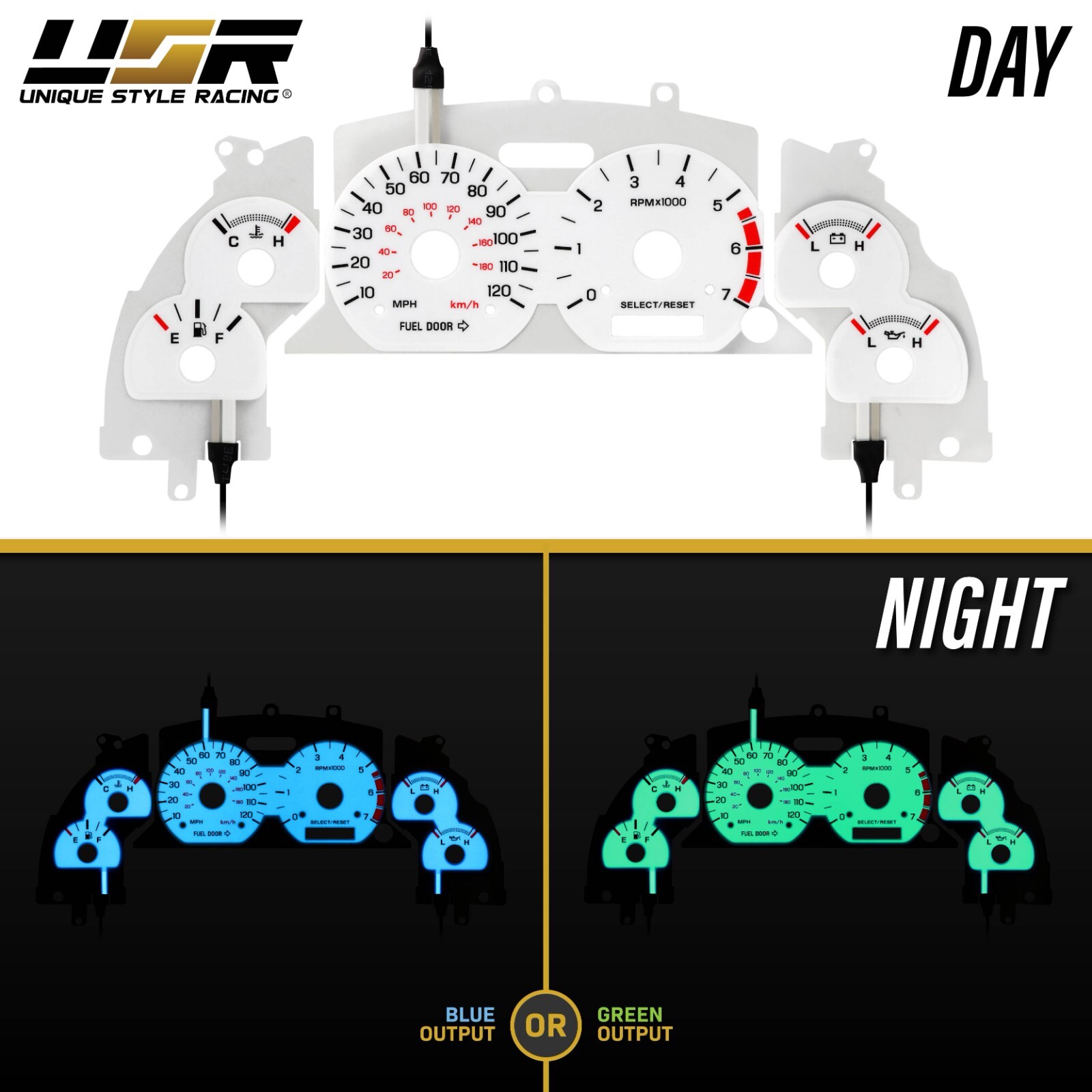 BLUE/GREEN Glow Gauge White Overlay For 99-04 Ford Mustang V6 120MPH Cluster