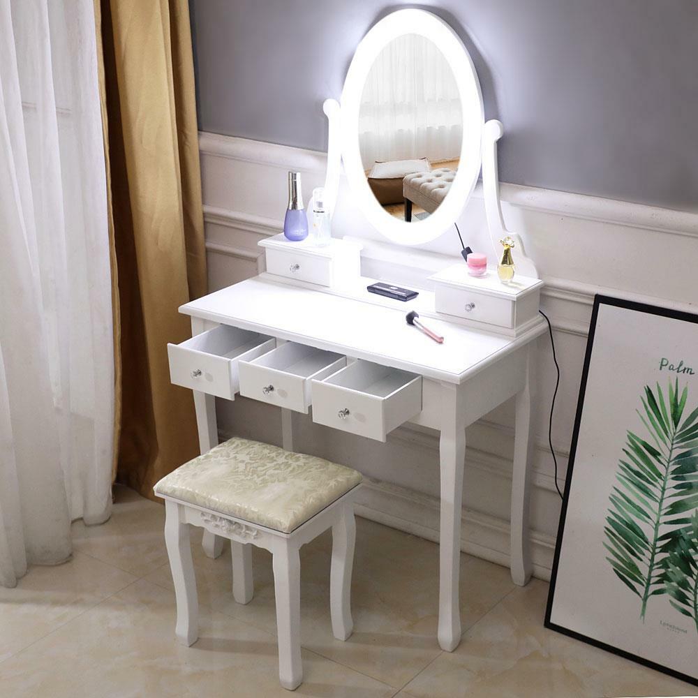 10 LED Lighted Mirror Vanity Table Set Makeup Dressing Desk 5 Drawers Wood