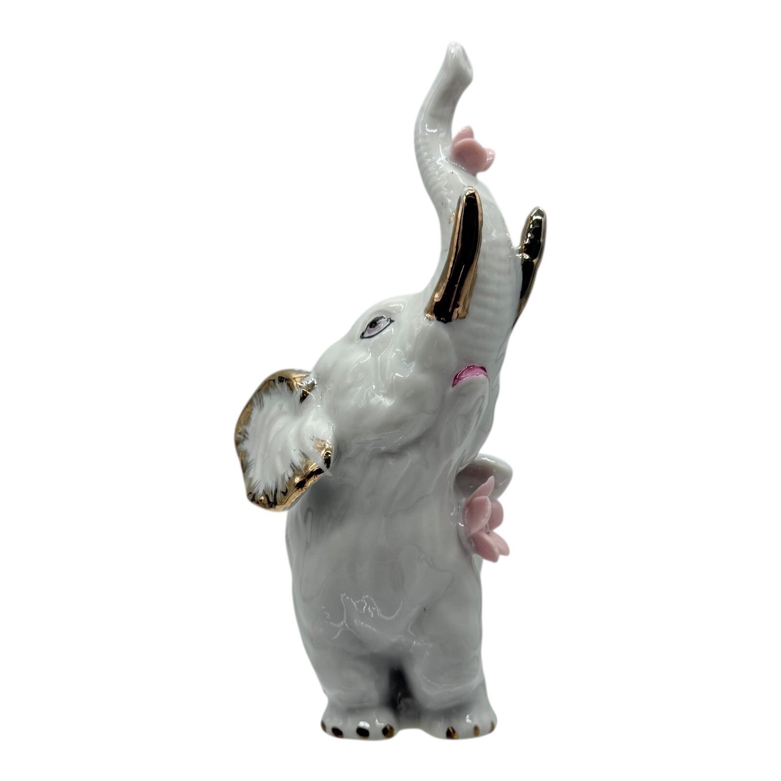 Elephant Figurine White Gold Accent Pink Flowers Trunk Up Good Luck Decor