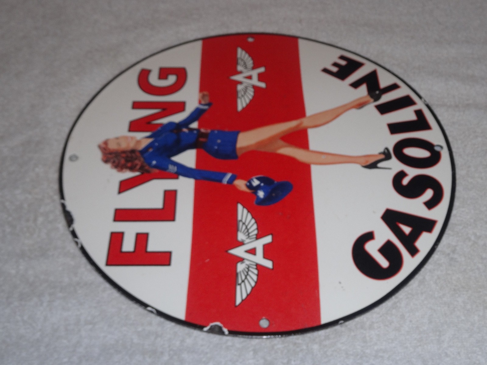 VINTAGE FLYING A AIRPLANE STEWARDESS WOMAN 11 3/4" PORCELAIN METAL GASOLINE SIGN
