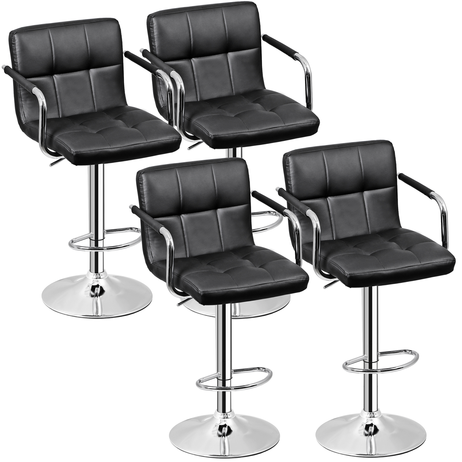 Set of 4 Bar Stools Swivel Adjustable Bar Chairs PU Leather w/Backrest & Armrest