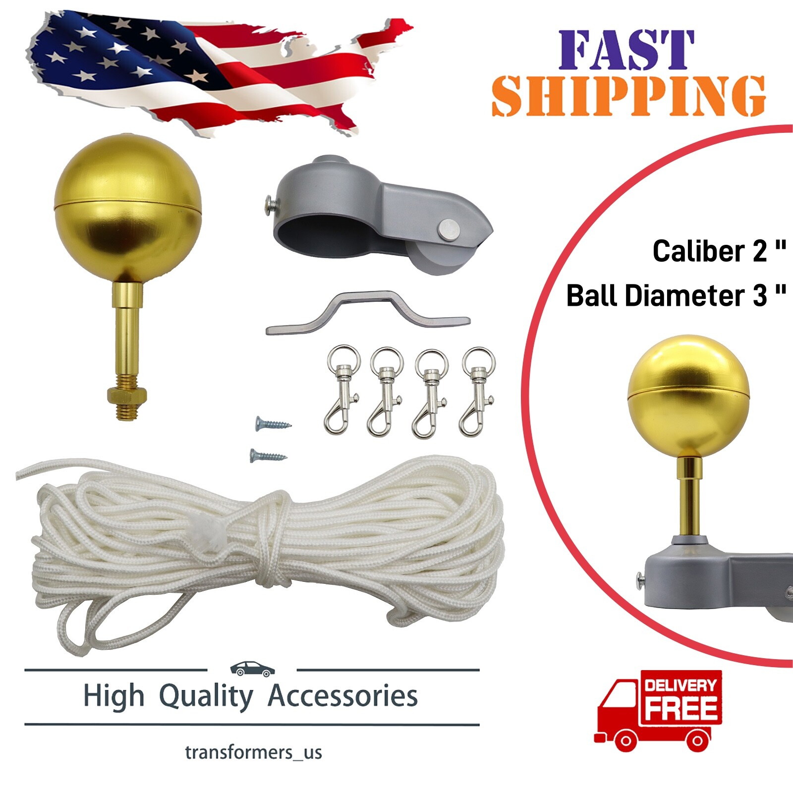 Flagpole Hardware Repair Kit -3"OD Tube Topper Ball Rope Cleat Hook Pulley Truck