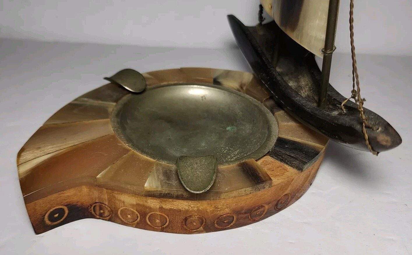 Vtg Carved Horn Sailing Clipper Ship Ashtray Nautical Pirate Scooner Boat Rare