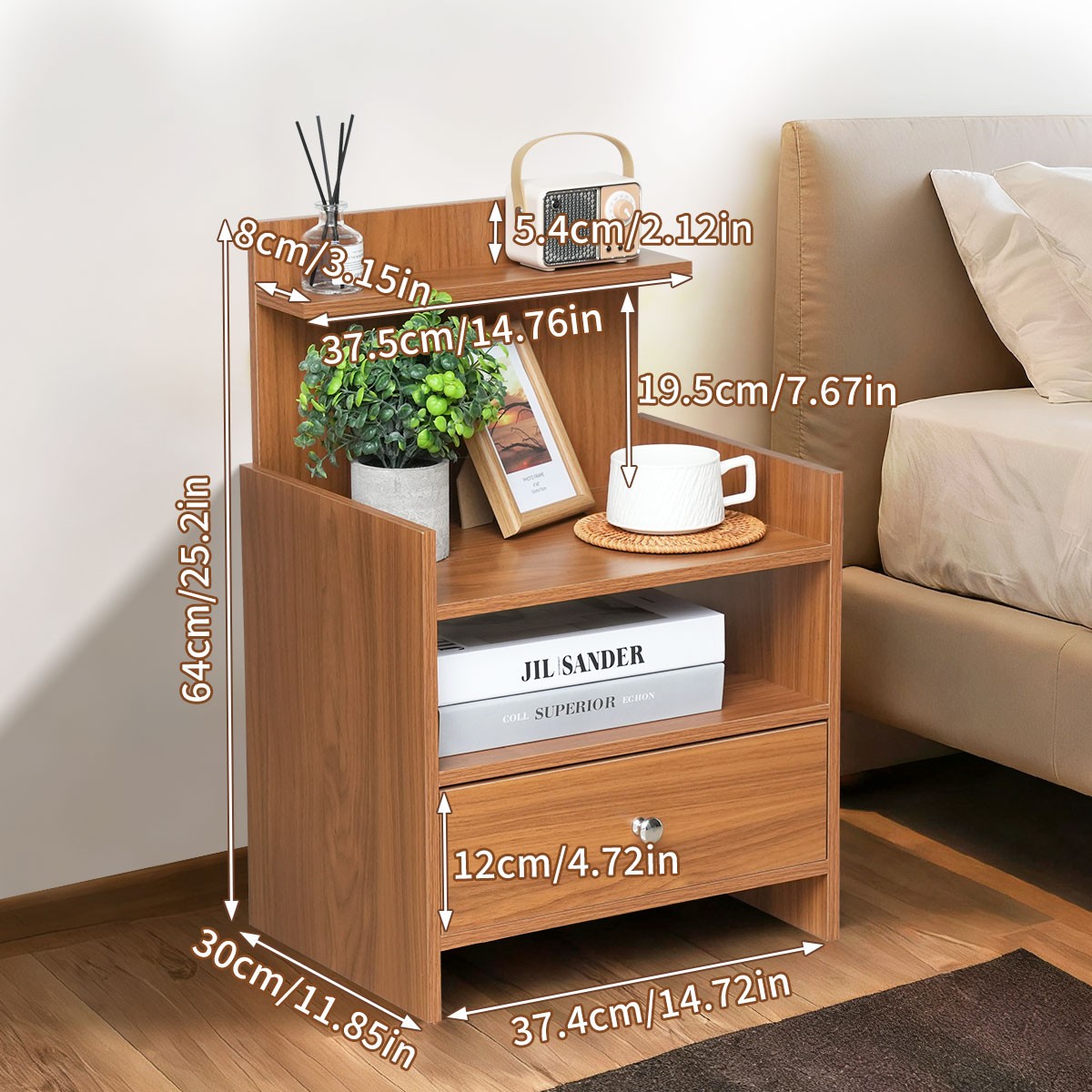 Wood Nightstand 1 Drawer & Open Shelf Bedside Table Retro Living Room Bedroom US