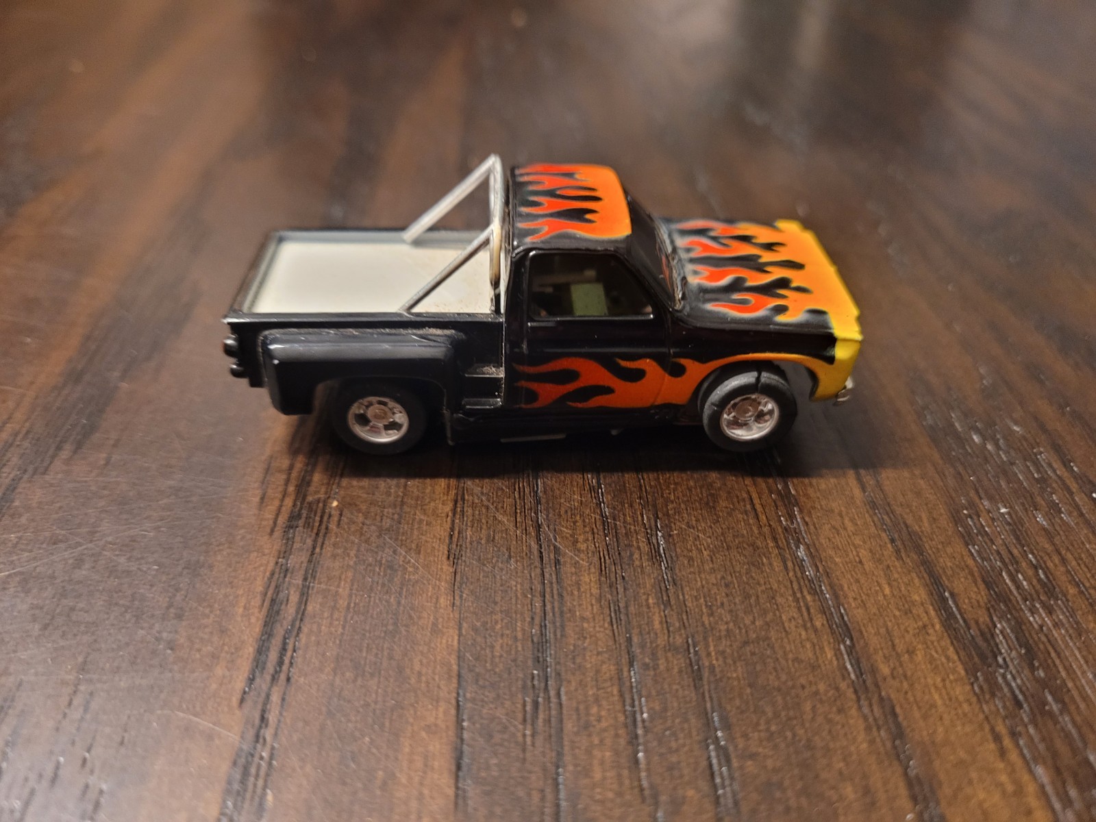 Tyco Chevy Pick Up Truck HP2 Chassis Black W/ Flames Chrome Roll Bar And Wheels