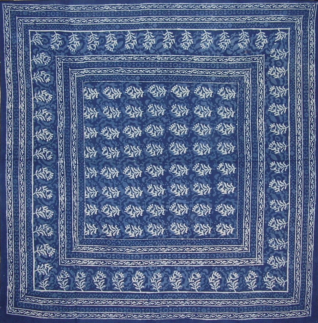 Block Print Square Cotton Tablecloth 58" x 58" Indigo Blue