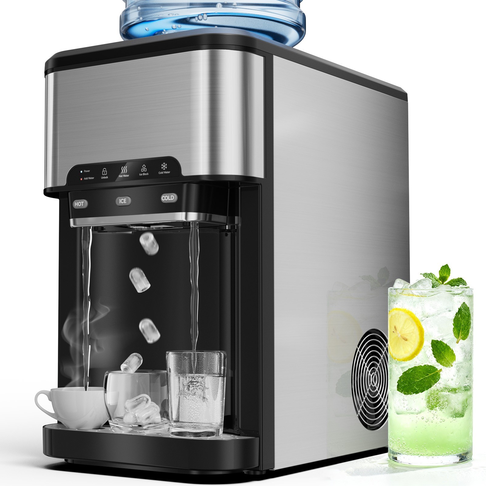 3 in 1 Countertop Ice Cube Maker 44lbs/Day with Water Dispenser Combo Machine