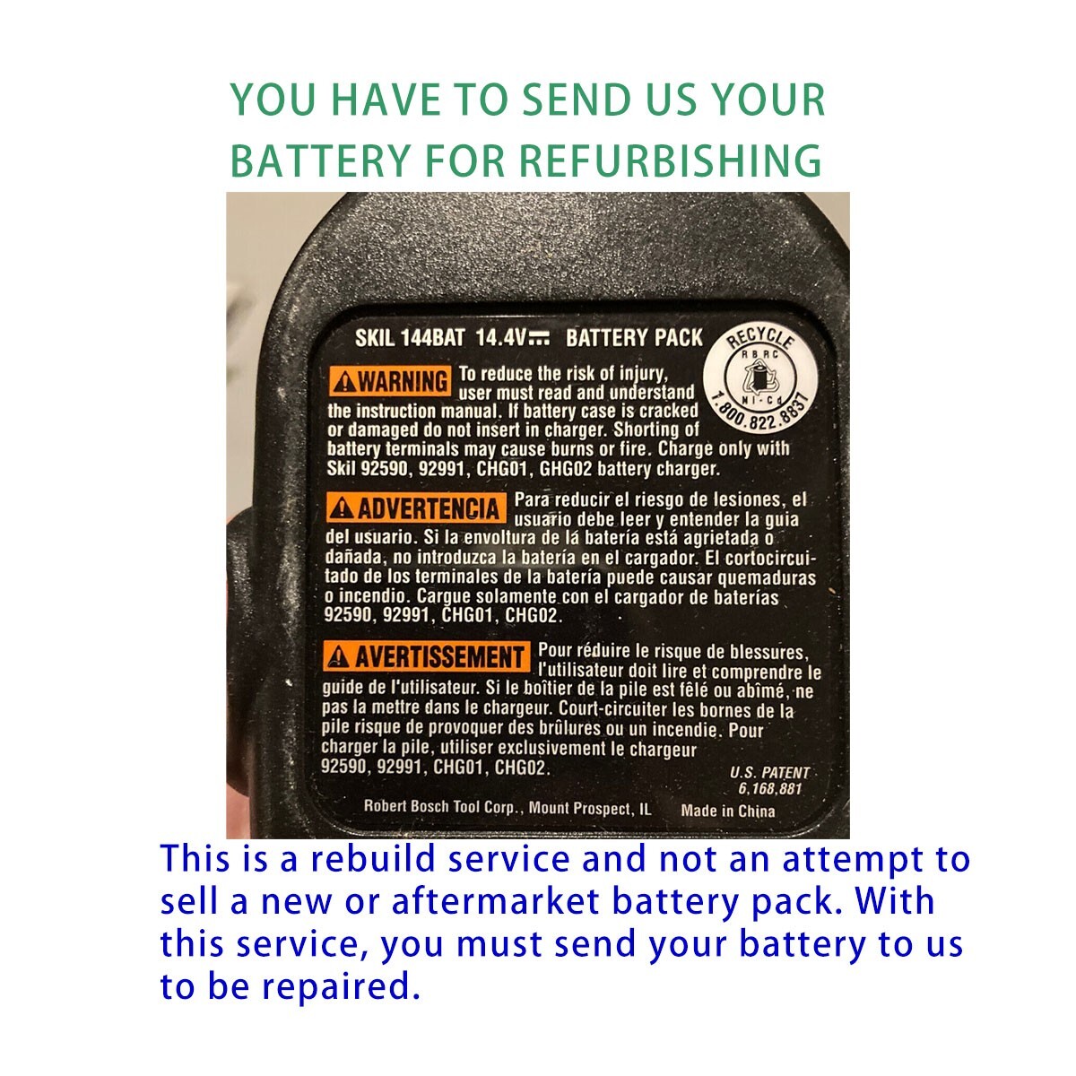 Rebuild service for skil 144BAT,2607335328,2610908163 14.4VBattery Rebuild