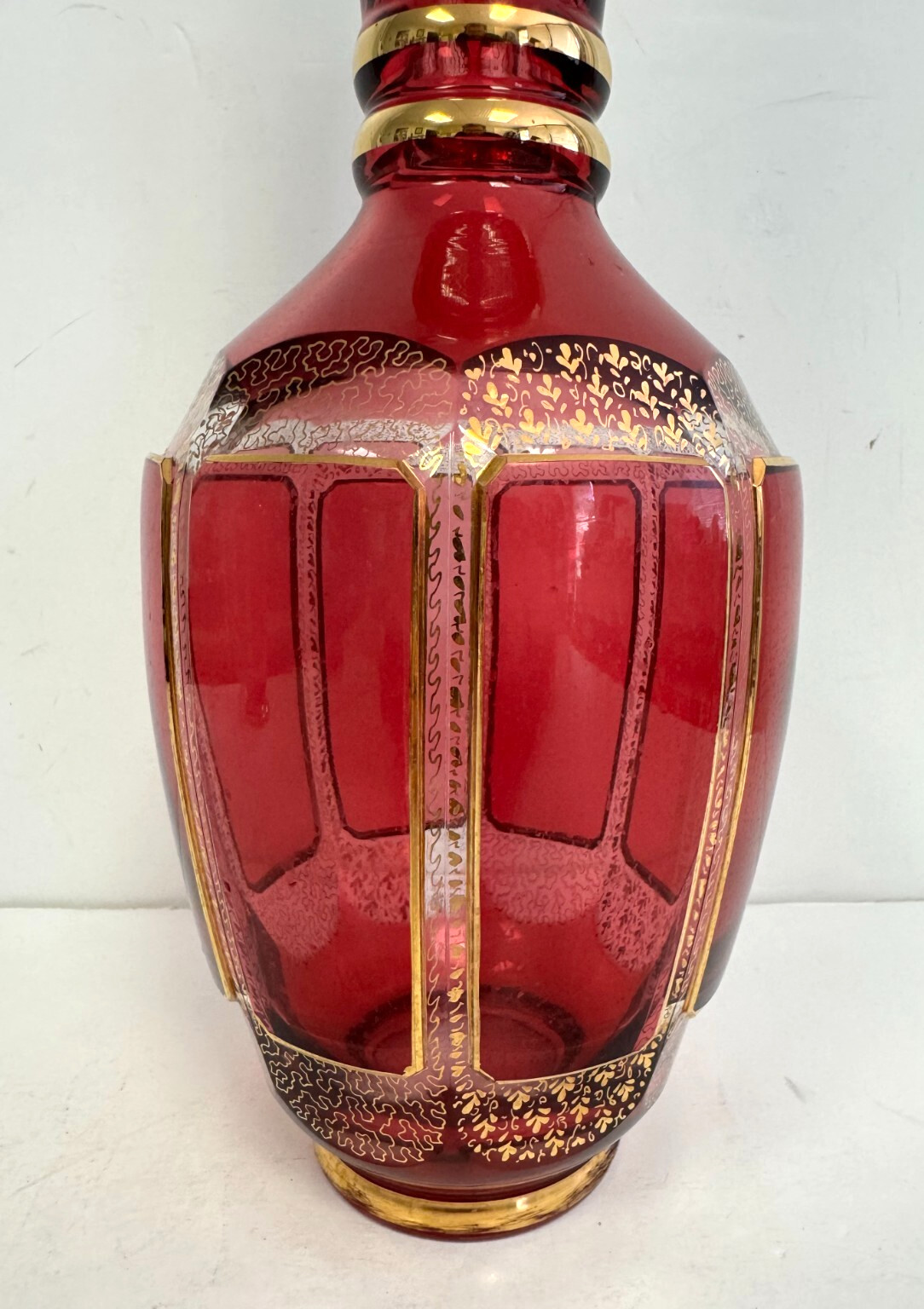 Vintage Bohemian Cranberry Crystal Decanter 18.25" H w/Gold Accents Moser?