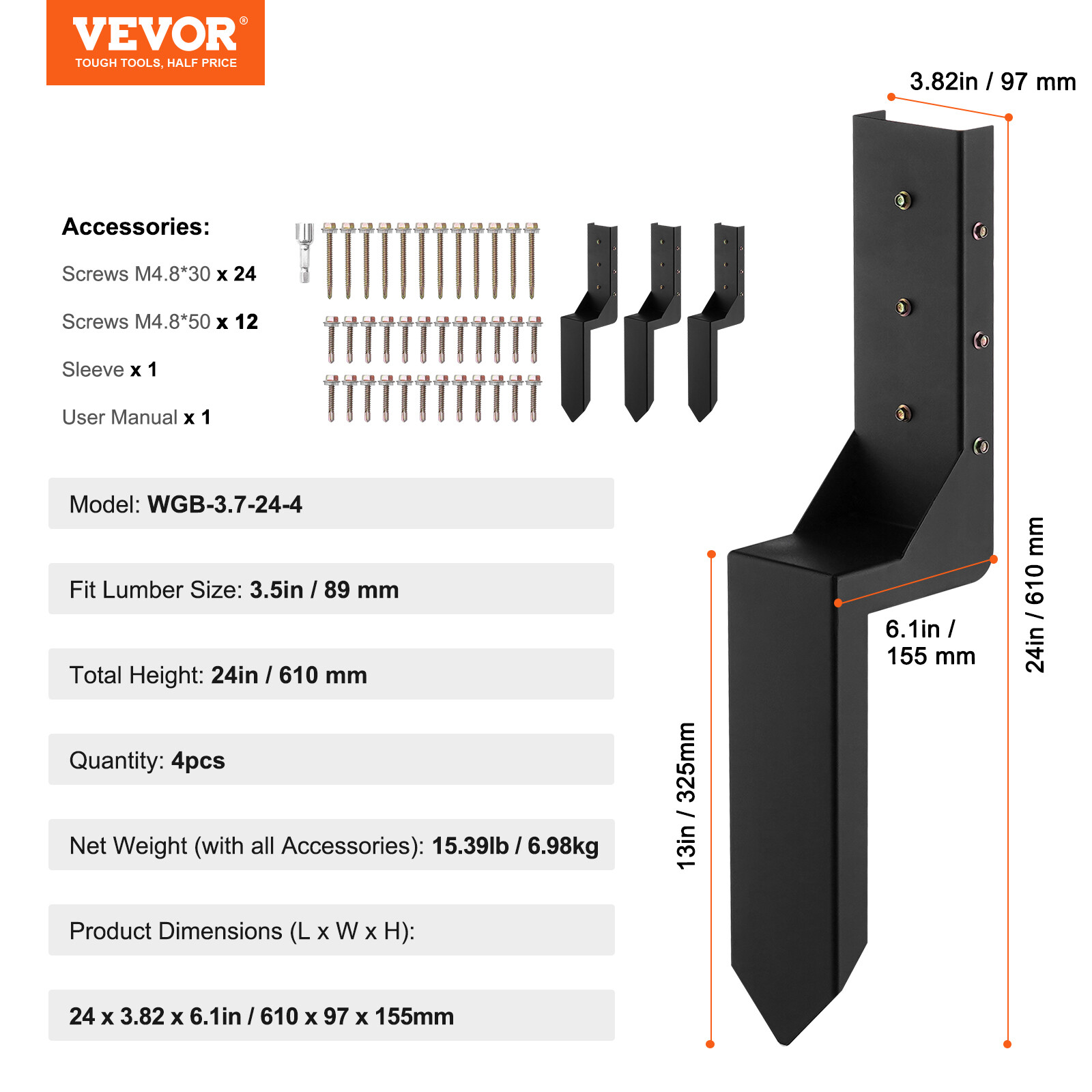 VEVOR 4-Pack Fence Post Anchor Repair Kit Inner 3.5 x3.5 Inches Support Stakes