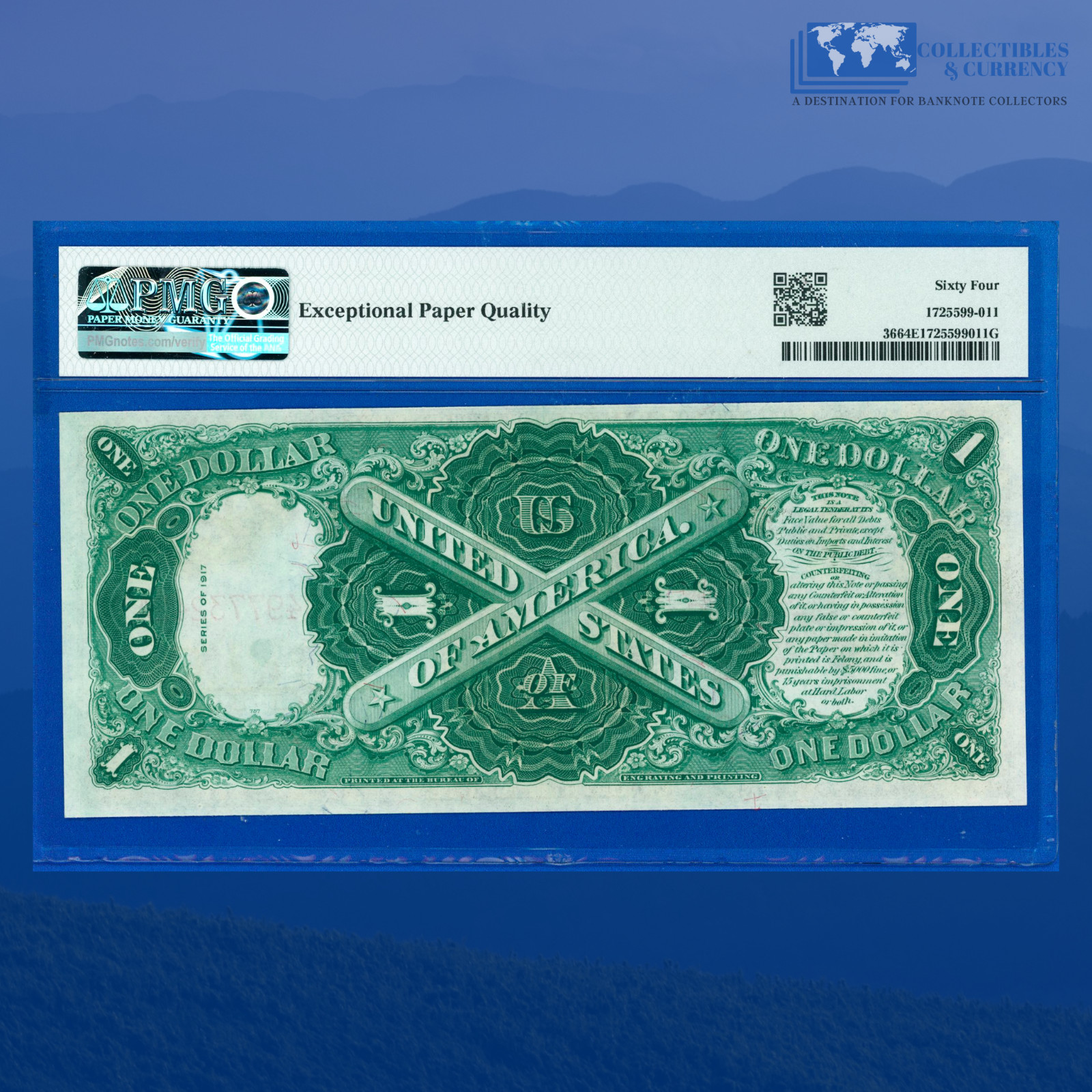 Fr.36 1917 $1 One Dollar "SAWHORSE REVERSE" Legal Tender Note, PMG 64 EPQ #73242