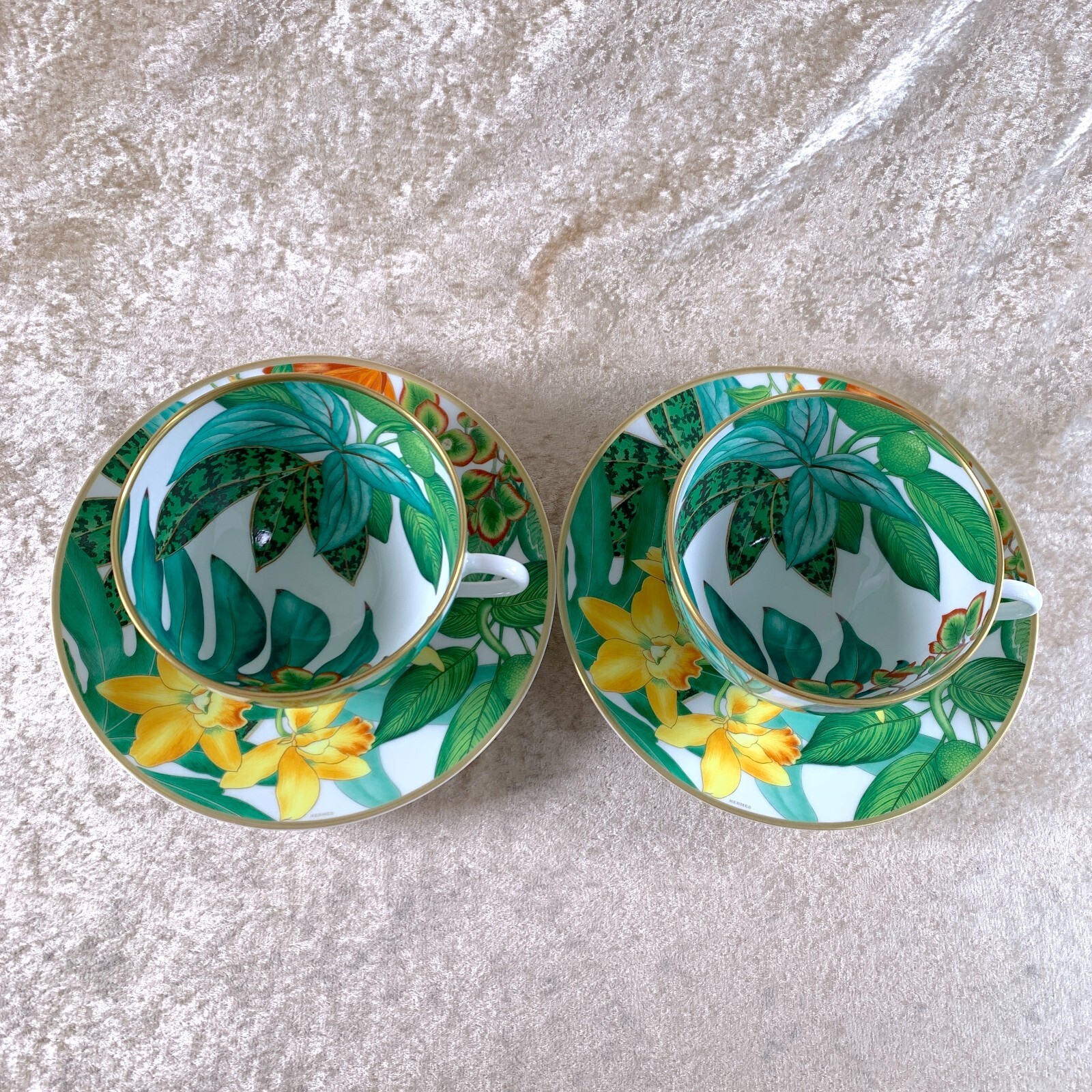 Hermes Large Breakfast Morning Soup Cup & Saucer Passifolia Porcelain 2 Sets