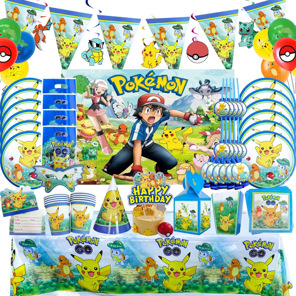 Pokemon Birthday Party Supplies Set Plates Cups Table Cover