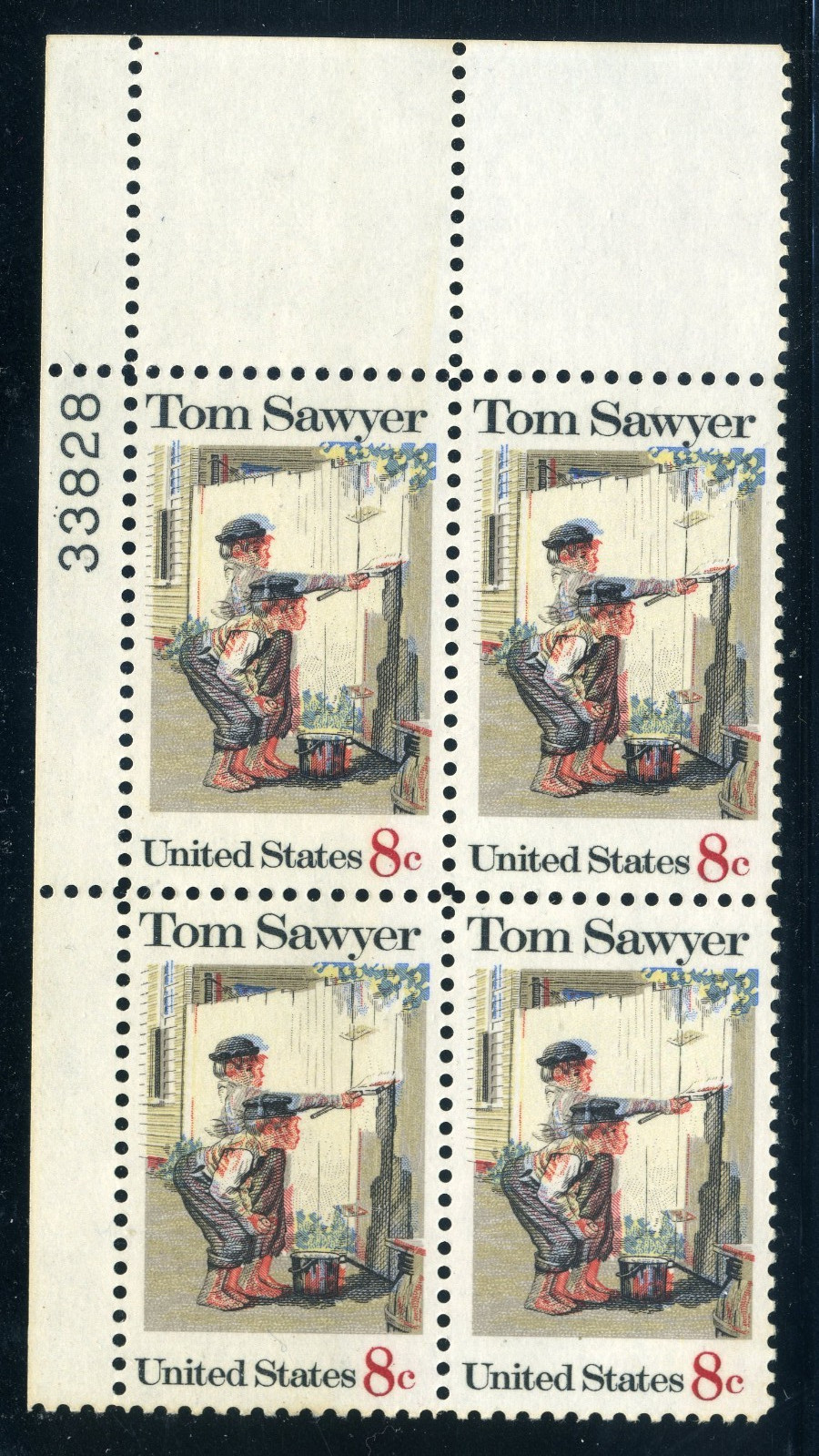 1470, 8¢ Tom Sawyer Plate Block with Multiple Dramatic Color Shifts, Mint NH