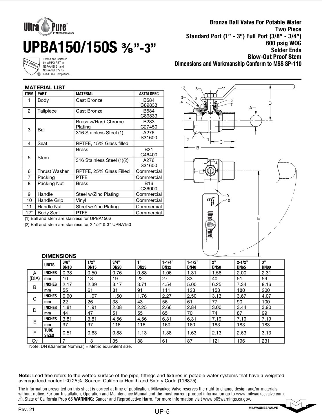 Box 6) 3/4" CxC Full-Port Lead-Free Bronze Ball Valve 600WOG 150WSP, MADE IN USA
