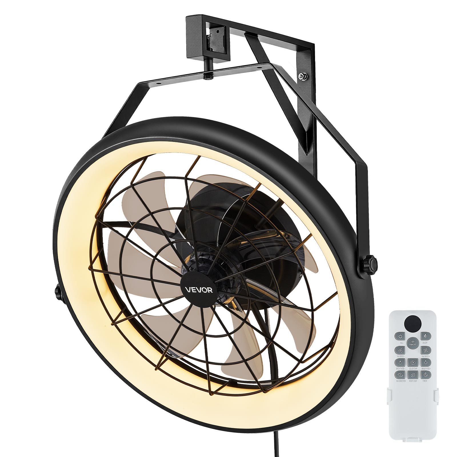 VEVOR 22 Inch Wall Mounted Fan with Light Remote 6 Speed for Patio Workshop