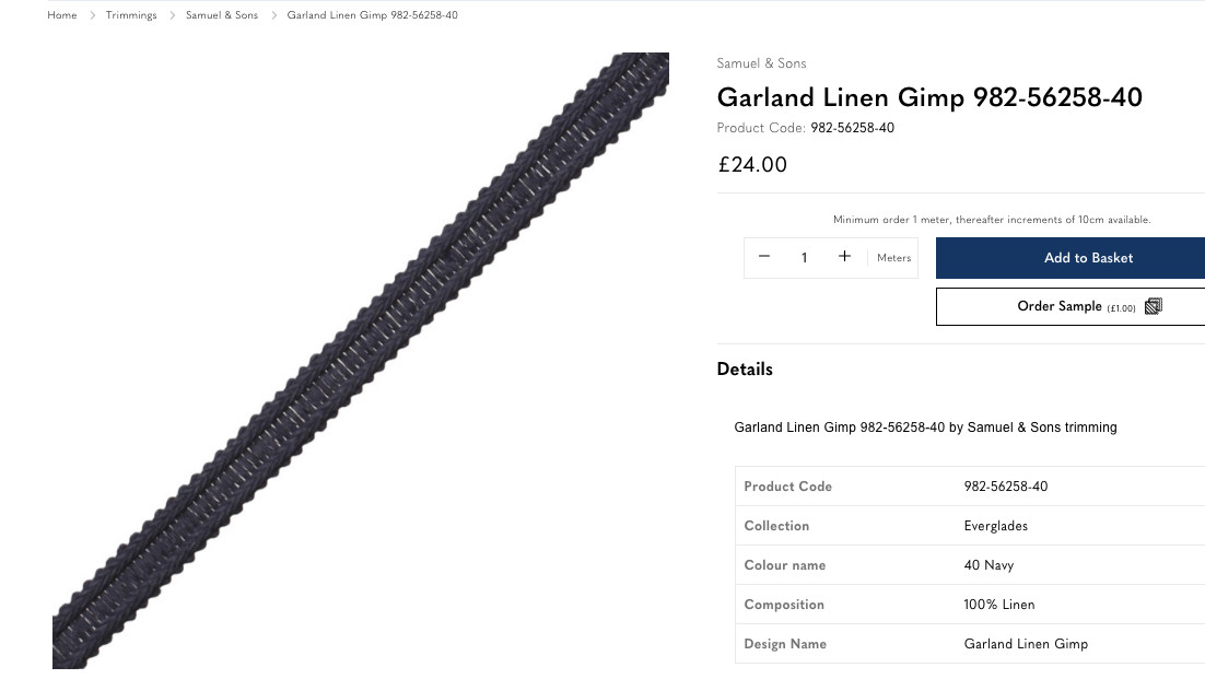 2 yds (72") Samuel & Sons GARLAND LINEN GIMP Navy Dk.Blue 100% Linen 3/8"w Trim