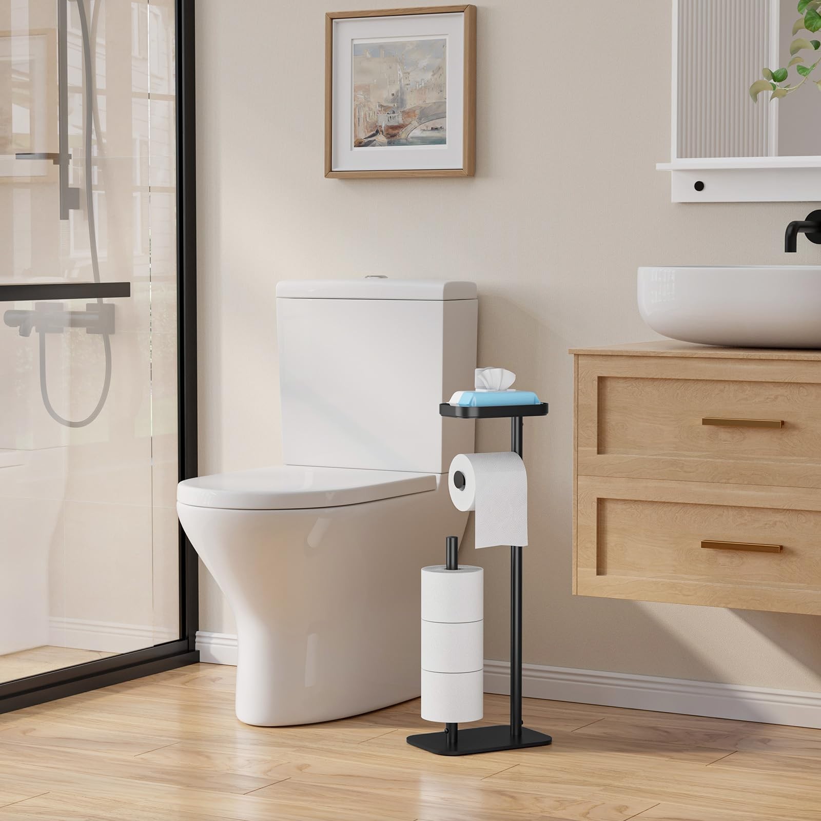 Free Standing Toilet Paper Holder with Storage Shelf – 4 Roll Organizer Stand