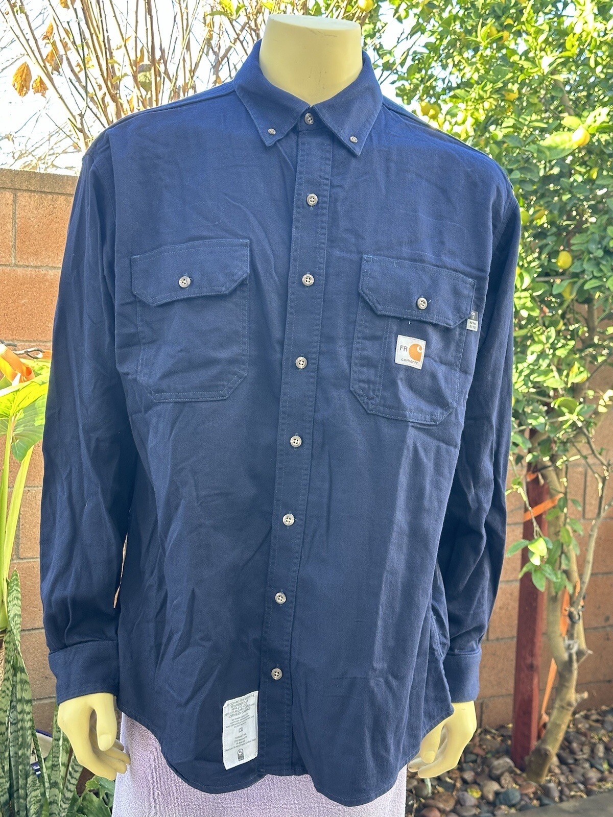 2 Carhartt FR Button Down Cotton Work Shirts Large RG Navy