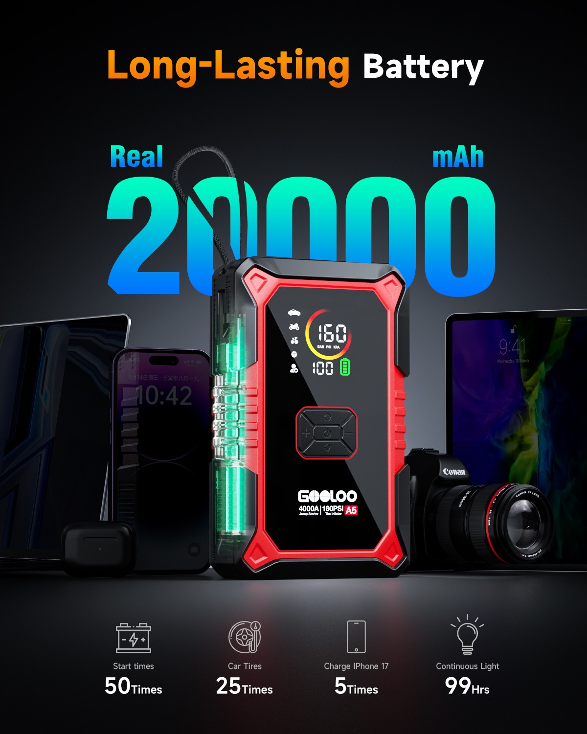 GOOLOO A5 Jump Starter with Air Compressor 4000A Portable Car Battery Booster