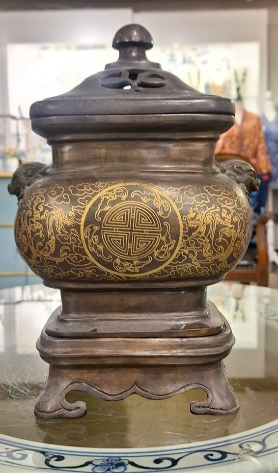 Antique Late Qing Dynasty Bronze Incense Burner-7'' x 12''H