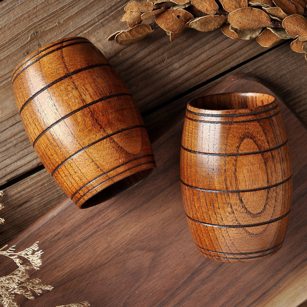 Wooden Barrel Shaped Beer Mug Classical Natural Solid Wood Drinking Cup